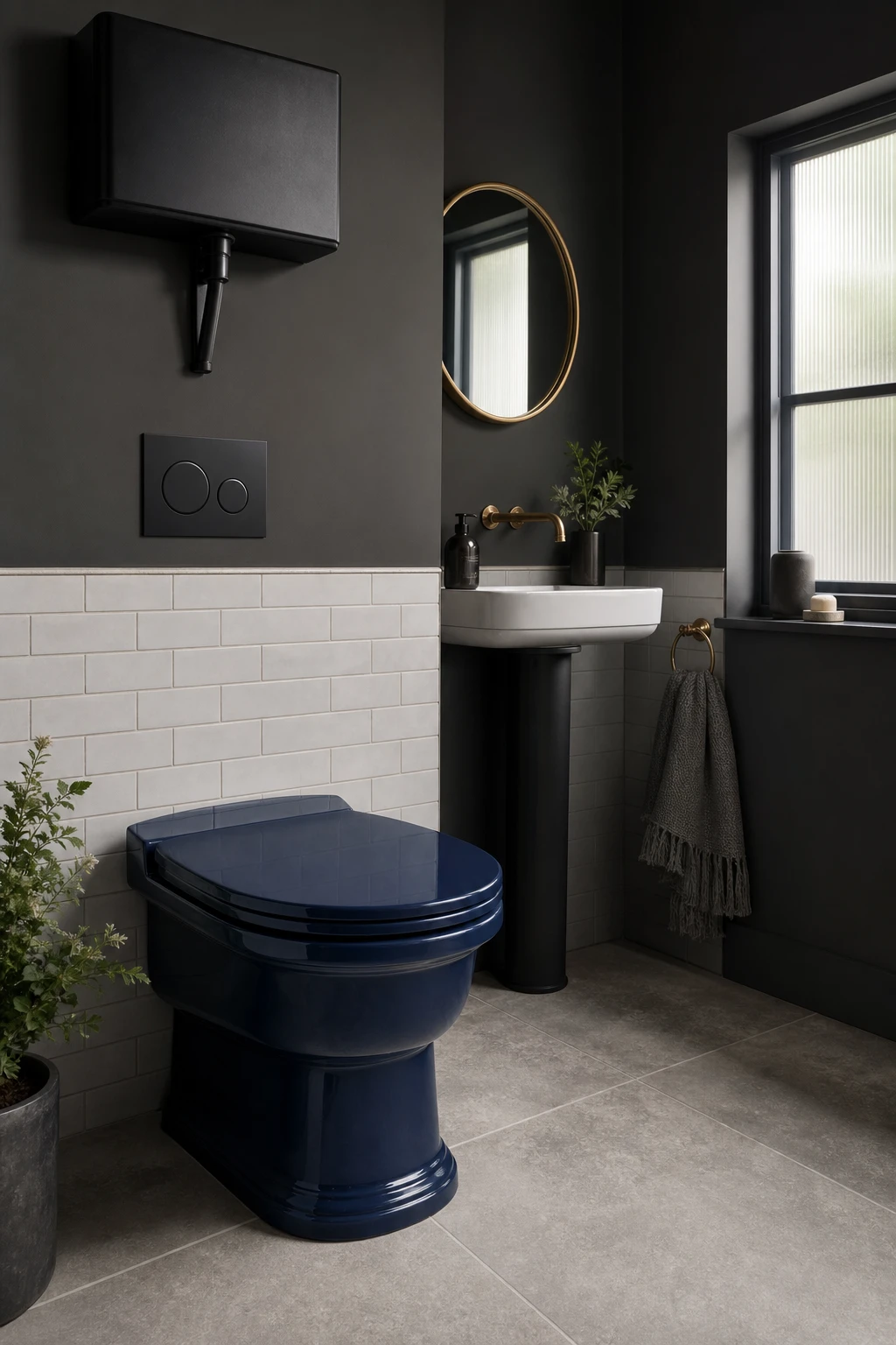Small gray bathroom with a statement navy blue toilet as the focal point, Farrow and Ball Down Pipe walls, matte black fixtures and white subway tile