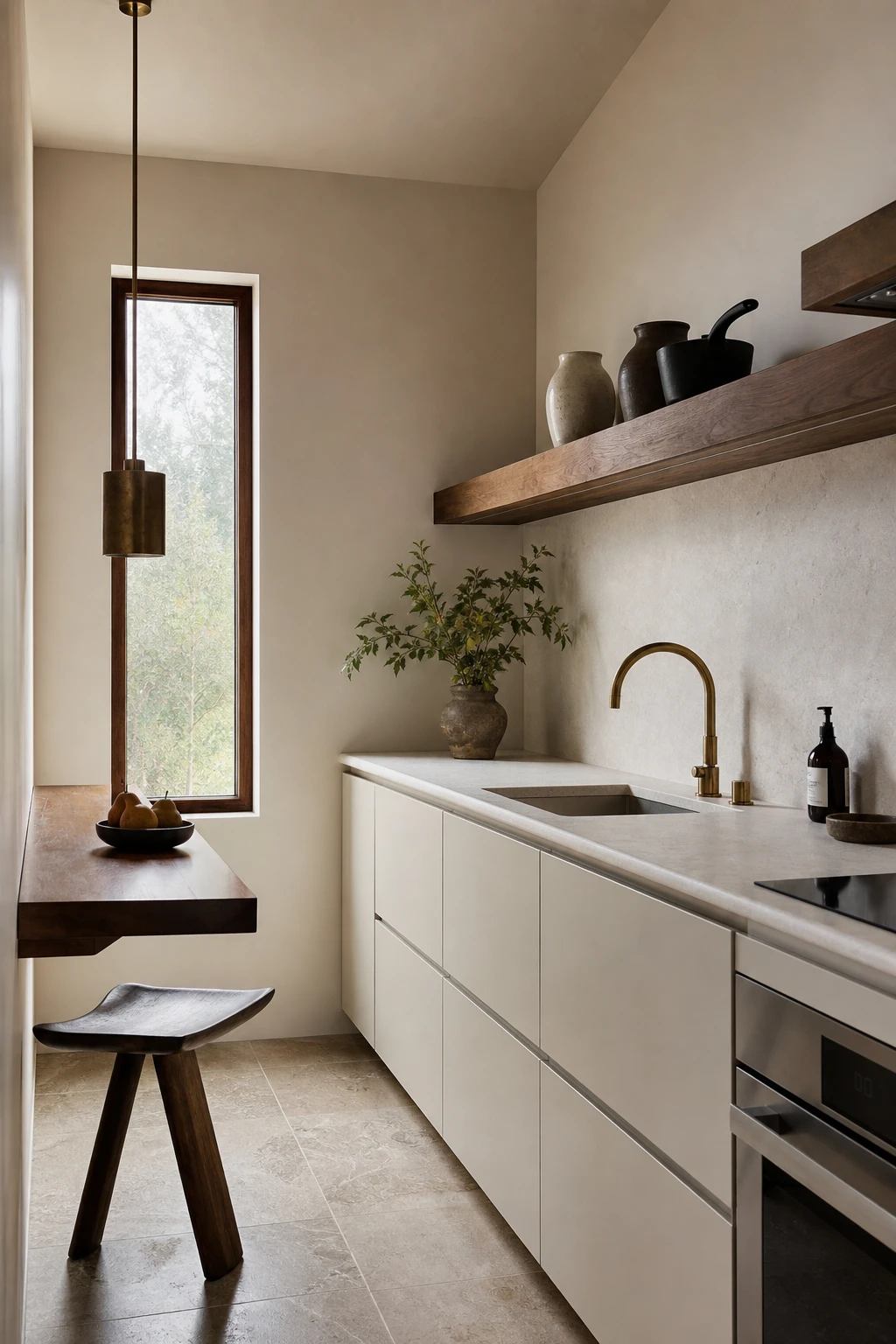 Small Japandi kitchen with flat front cabinetry, open shelving, and warm wood accents painted in Farrow and Ball Hardwick White