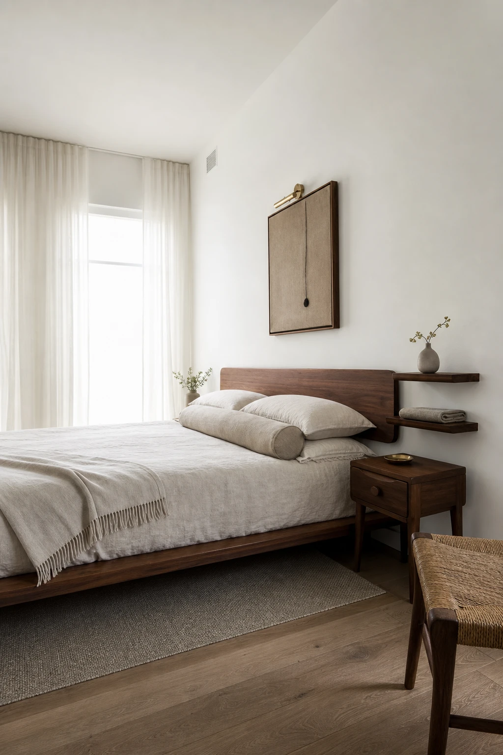 Small Japandi Mid Century Modern bedroom with low platform bed, wall mounted shelves, slim tapered leg nightstand and Farrow and Ball All White walls maximising a compact space