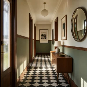 Small mid century hallway with black and white checker tile floor, walnut trim, half painted sage green walls, a low walnut console table, and warm morning light from a glazed front door.