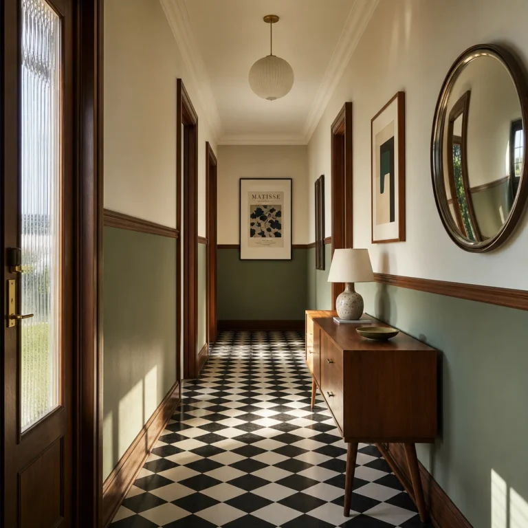 Small mid century hallway with black and white checker tile floor, walnut trim, half painted sage green walls, a low walnut console table, and warm morning light from a glazed front door.