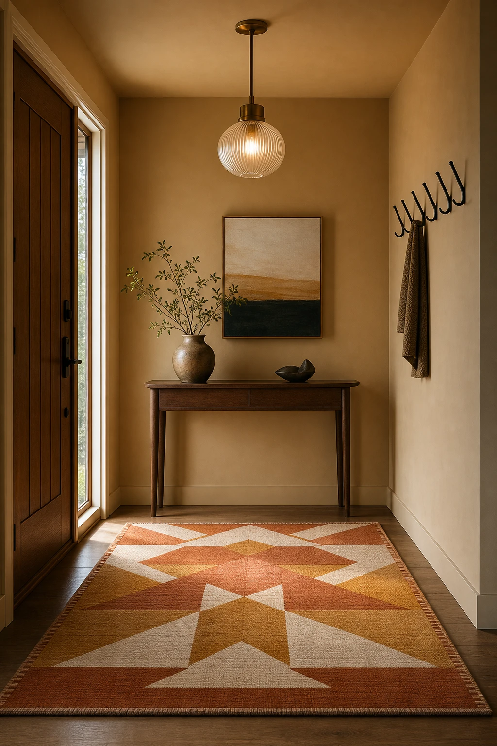 Small mid century hallway with a bold geometric entryway rug anchoring the entry zone, warm natural light, walnut console and pendant light overhead