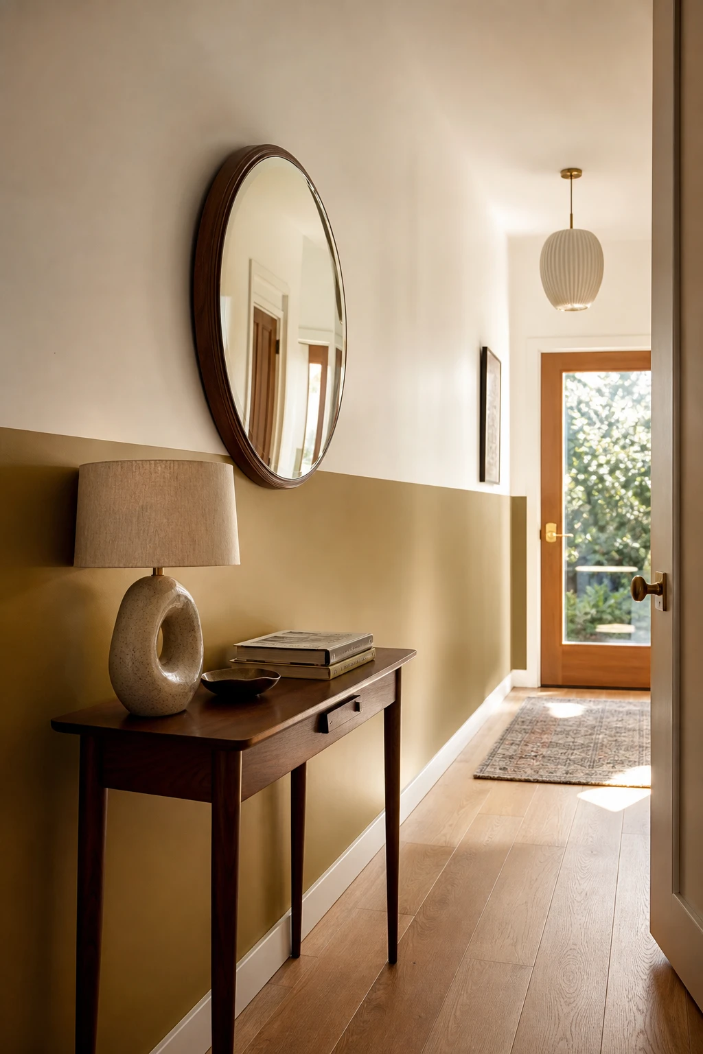 Small mid century hallway with a half painted wall in warm neutral below and white above, wood floor, slim console table and period pendant light