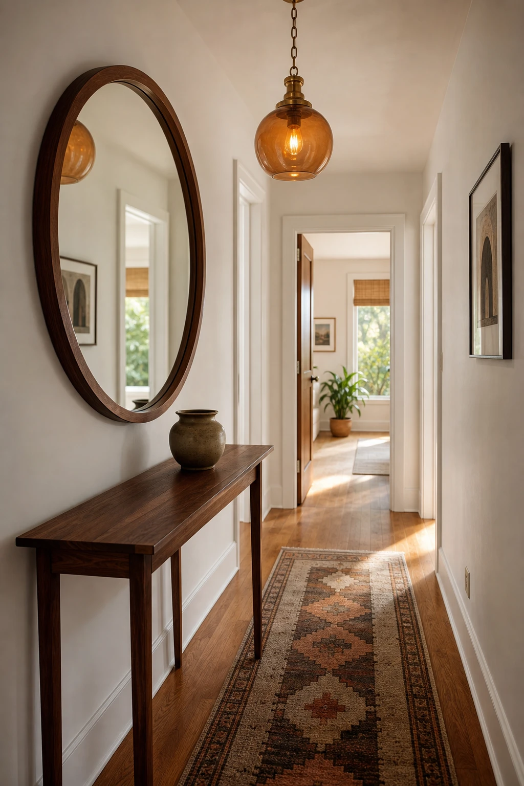 Small mid century hallway with a large round entry mirror on a Hardwick White wall reflecting light and depth into the narrow space