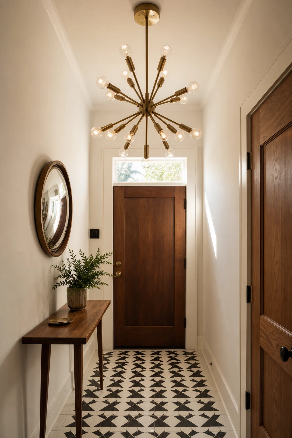 Small mid century hallway with a sculptural entry chandelier as focal point, Cornforth White walls, walnut console and geometric floor tile