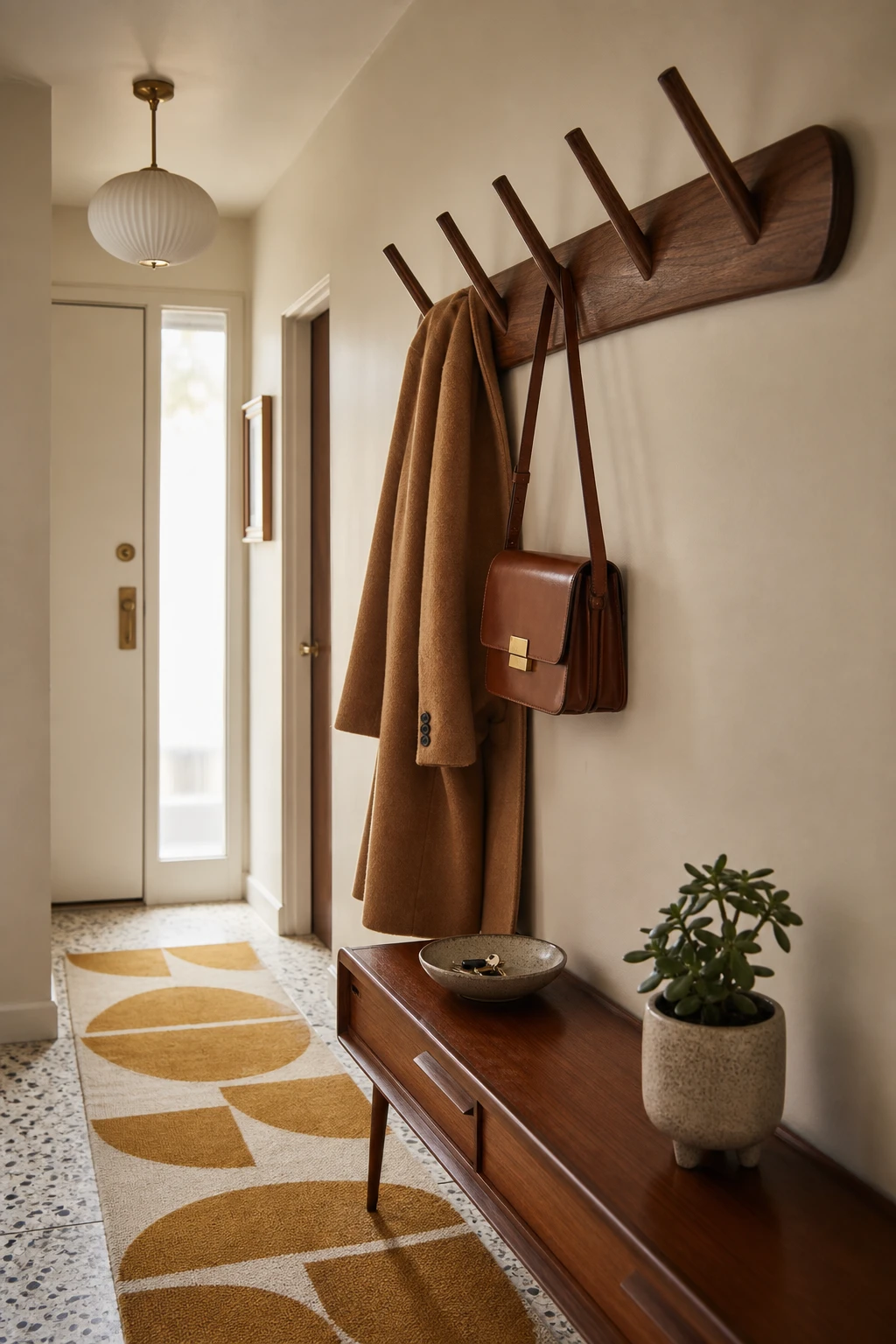 Small mid century hallway with a sculptural wooden coat rack as hero, warm neutral walls, tapered leg console, geometric runner, and soft morning light