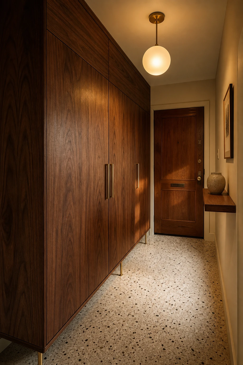 Small mid century hallway with a tall walnut wardrobe as the focal point, warm Archive paint walls, terrazzo floor, and a globe pendant light overhead.