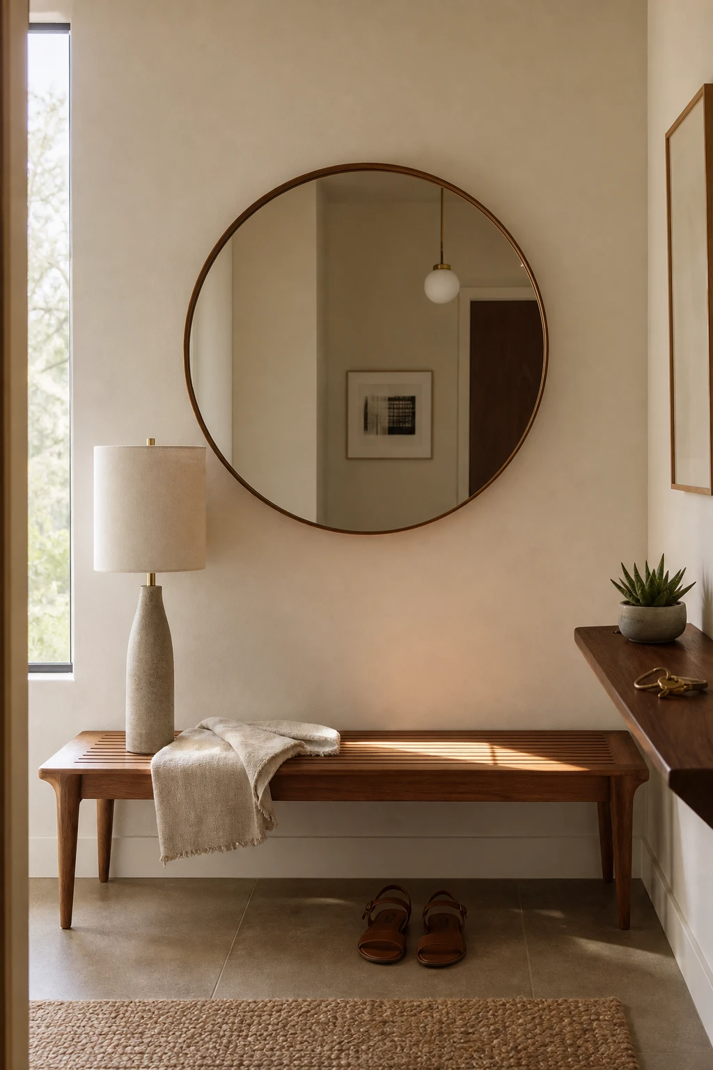 Small mid century hallway with a teak bench and round mirror as the hero, warm neutral walls in Farrow and Ball Dimity, natural light from a side window