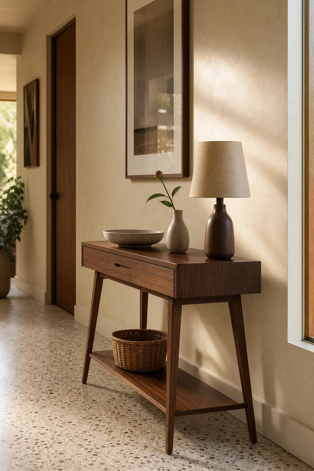 Small mid century hallway with a walnut MCM entry table as hero, paired with tapered legs, ceramic bowl, and Farrow and Ball Tallow warm neutral walls