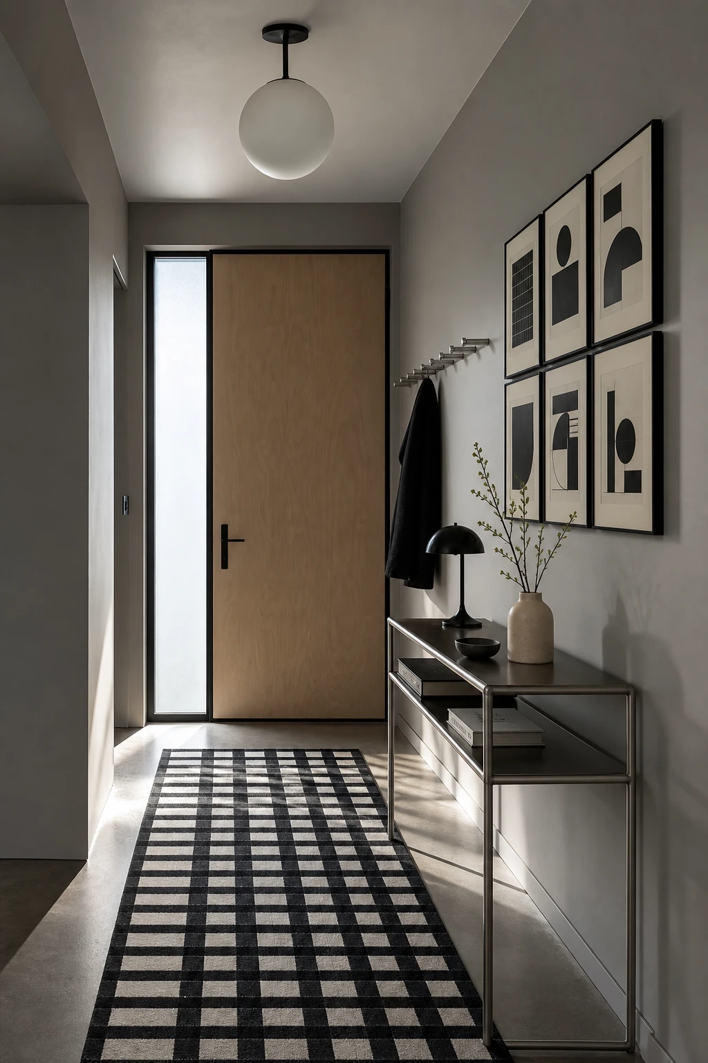 Small mid century hallway with Bauhaus details, geometric wall art, tubular steel console, and Farrow and Ball Lamp Room Gray painted walls in warm natural light