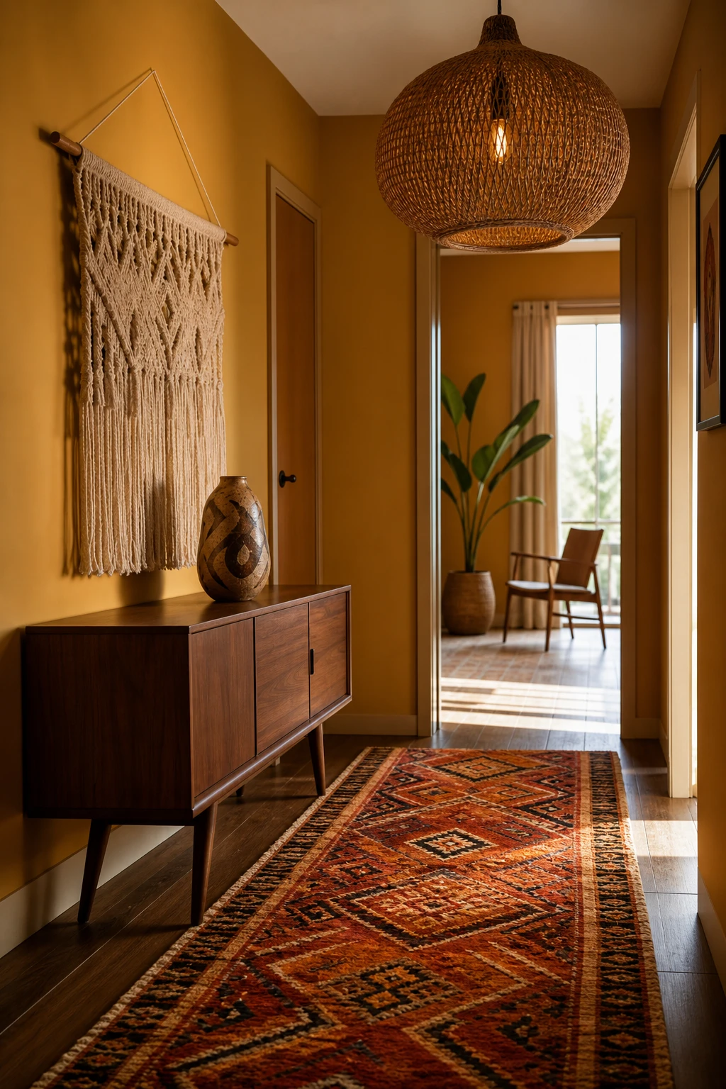 Small mid century hallway with bohemian MCM mix featuring layered textiles, patterned runner, walnut console and Farrow and Ball Babouche yellow walls