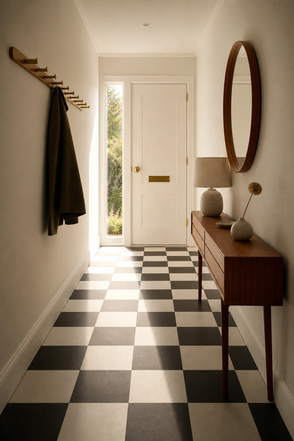 Small mid century hallway with bold black and white checker floor tiles, walnut console, round mirror, and Farrow and Ball Strong White walls in warm morning light