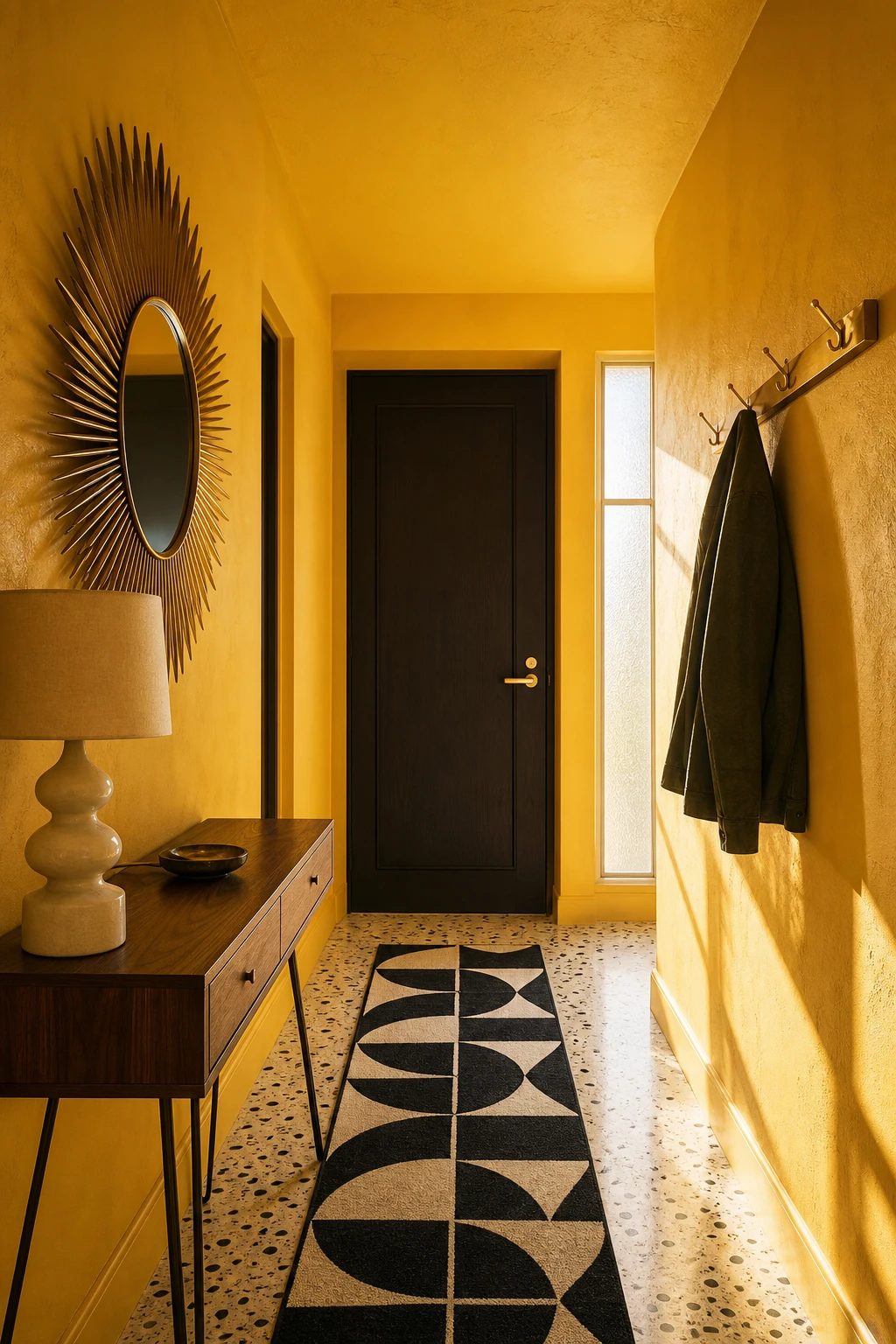 Small mid century hallway with bold colour palette featuring India Yellow walls, graphic runner, walnut console and vintage sunburst mirror