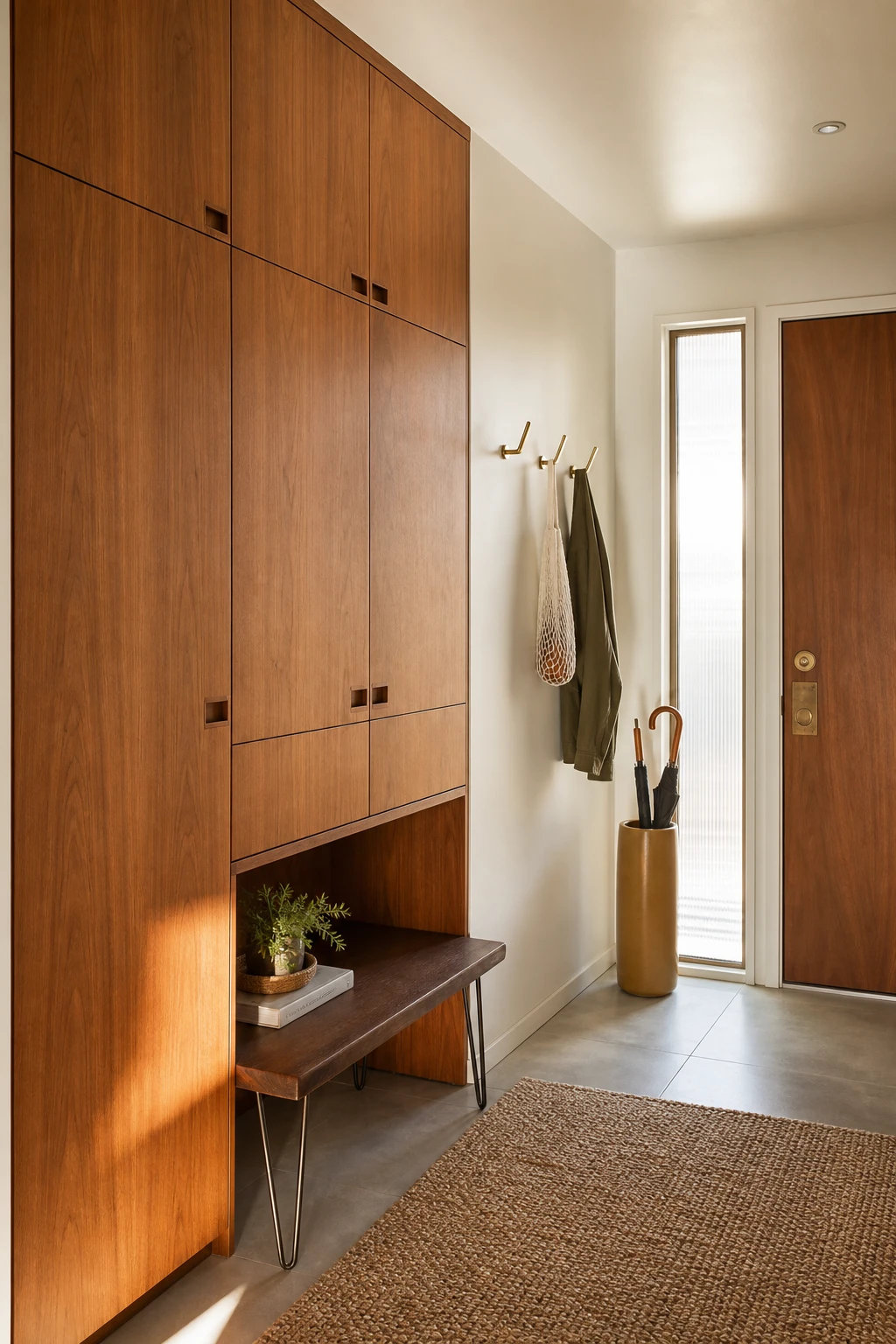 Small mid century hallway with built in entryway storage cabinet in warm teak, Farrow and Ball Shaded White walls, and clean sculptural hooks keeping the space clutter free