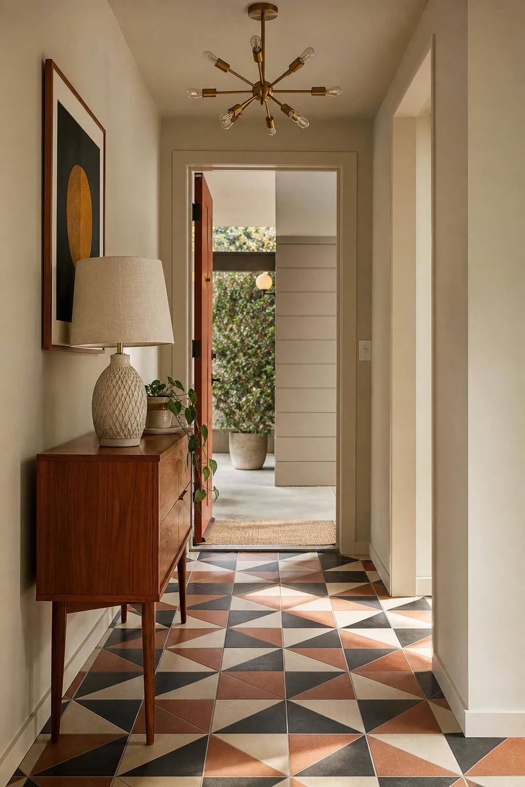 Small mid century hallway with Eichler style geometric floor tiles as hero, warm neutral walls, teak console and sputnik pendant light in magazine quality photo
