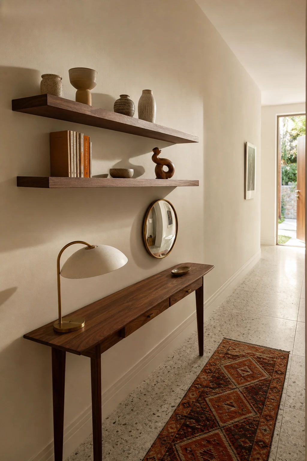 Small mid century hallway with floating walnut shelves styled with ceramics and books, warm white walls in Farrow & Ball Pointing paint