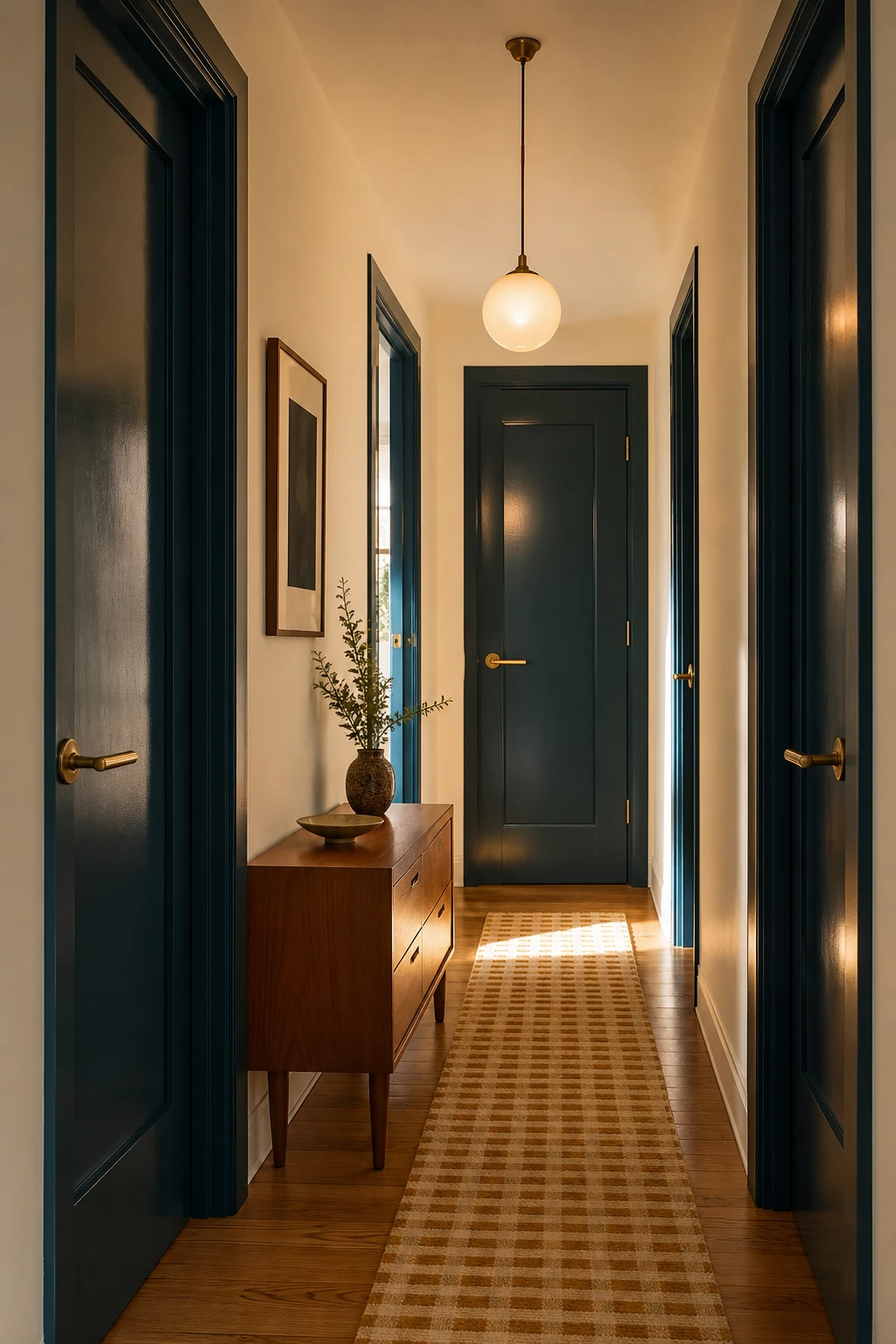 Small mid century hallway with Hague Blue painted interior doors creating bold colour rhythm along a narrow corridor with warm timber flooring