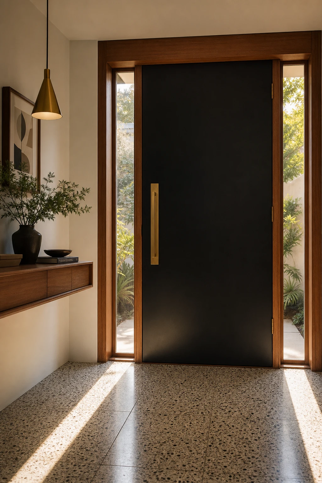 Small mid century hallway with MCM front door in Farrow and Ball Off Black, teak surround, brass hardware, sidelights, terrazzo floor, warm afternoon light