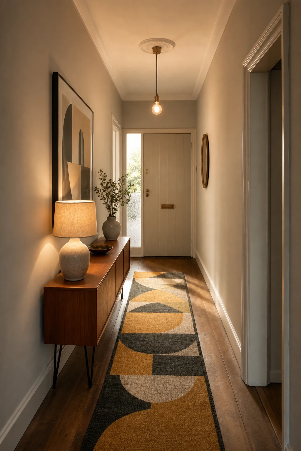Small mid century hallway with narrow layout, warm neutral walls, teak console, geometric runner and pendant light in midcentury style
