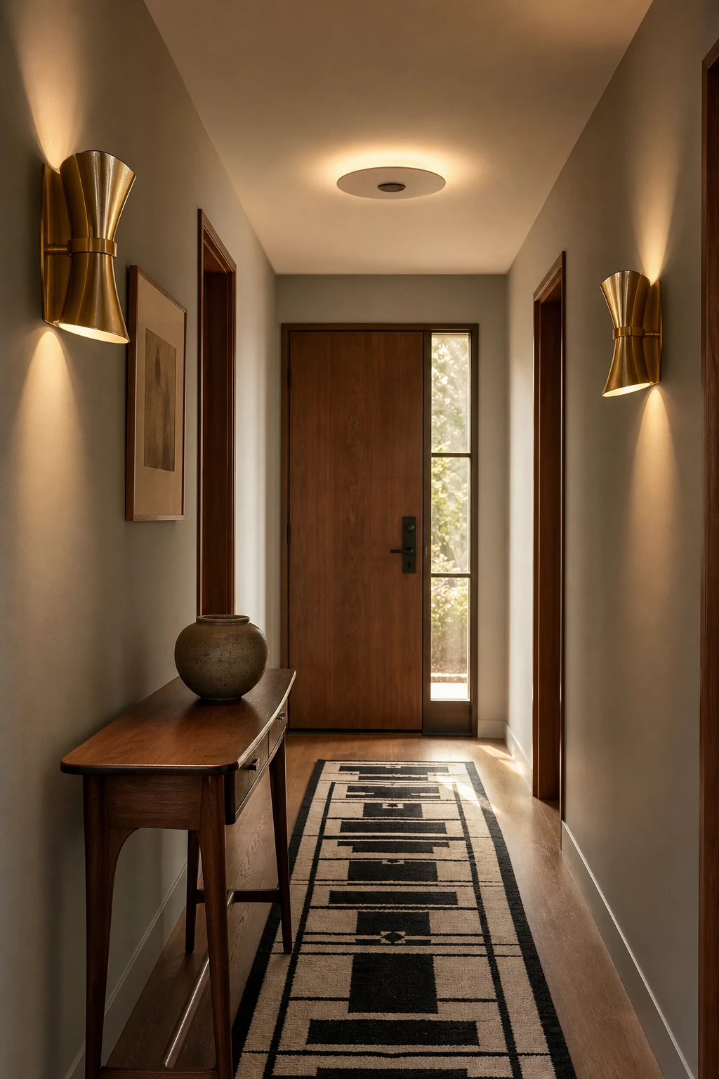 Small mid century hallway with recessed and wall lighting casting even warm glow over Purbeck Stone grey walls, walnut floor, and vintage sconce fixtures