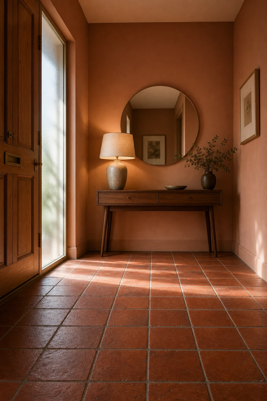 Small mid century hallway with red quarry tile floor, warm terracotta toned walls in Farrow and Ball Faded Terracotta, timber console and vintage pendant light