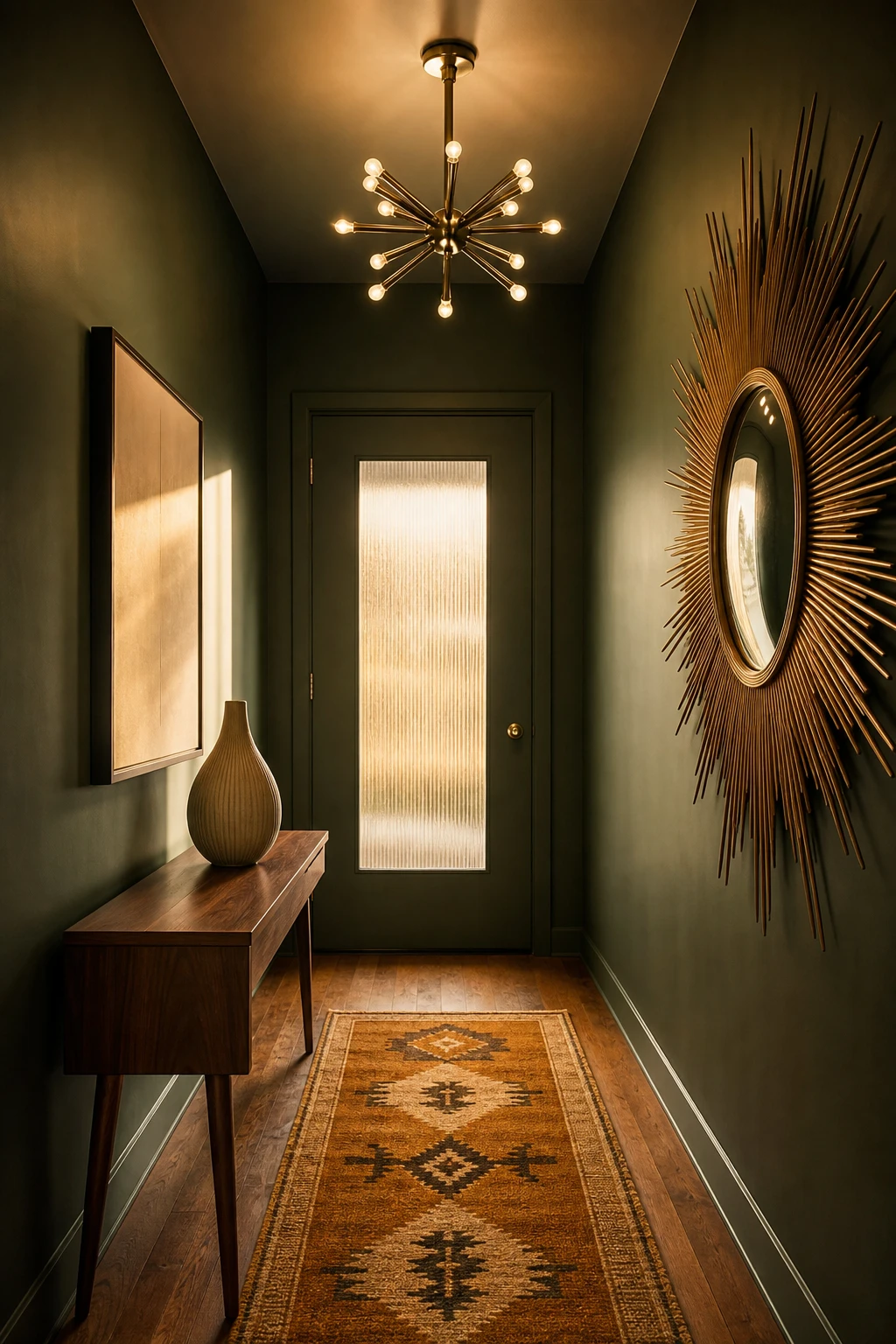 Small mid century hallway with rich green walls, walnut console, statement pendant light, geometric runner rug and vintage mirror creating a lush hotel feeling