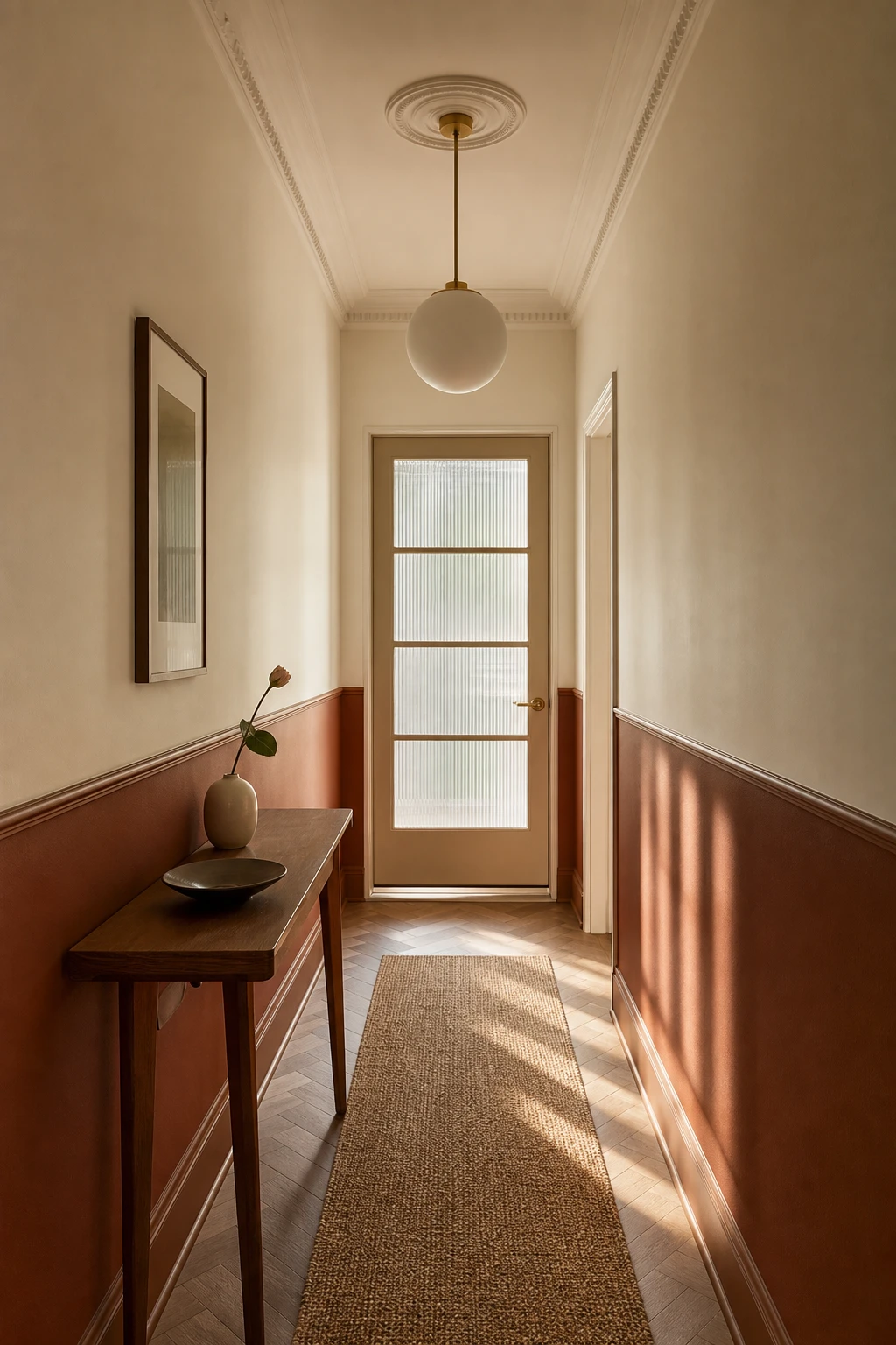 Small mid century hallway with two tone walls featuring warm white upper panels and deep lower dado rail, slim console table, and pendant light