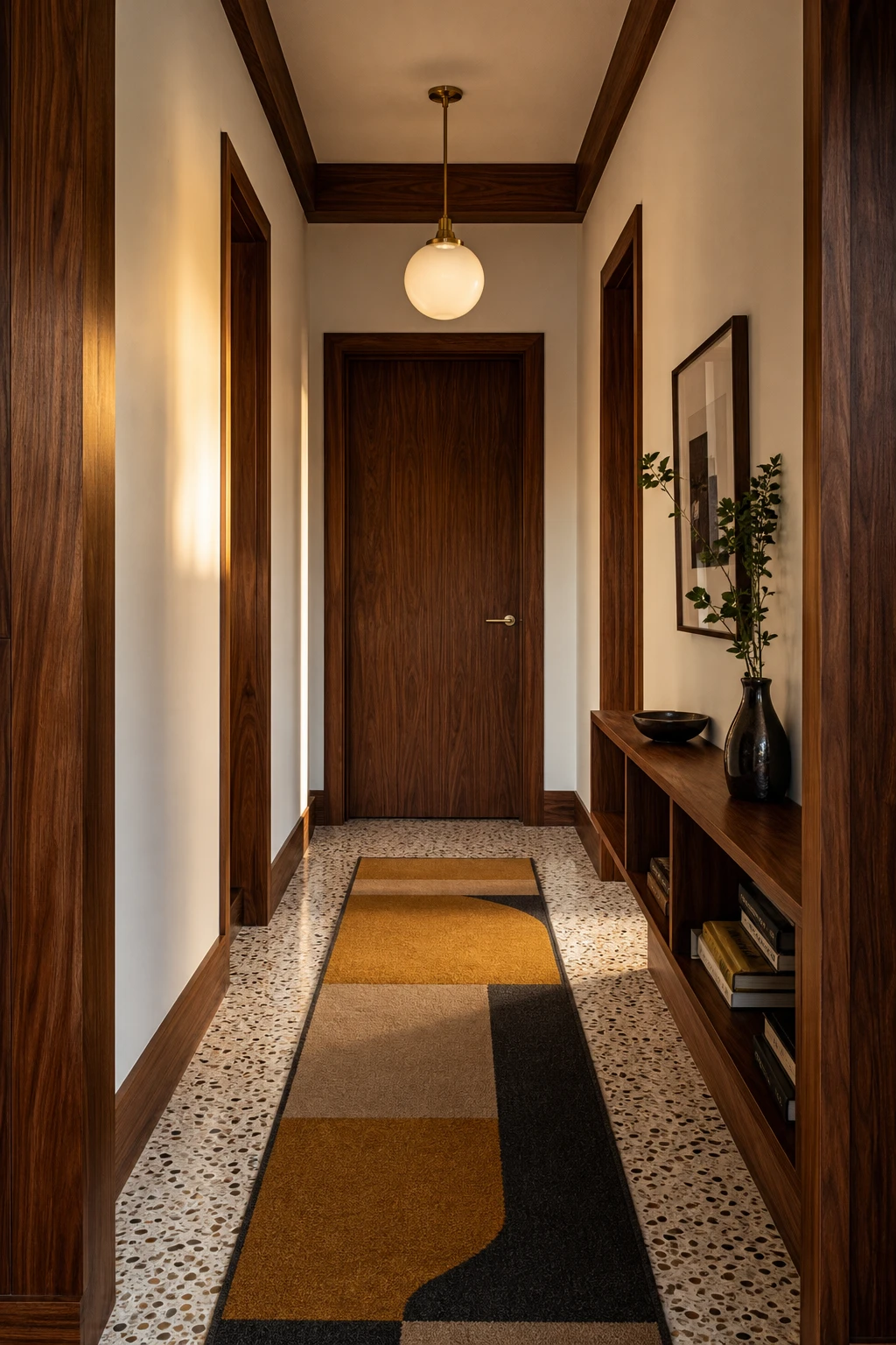 Small mid century hallway with walnut trim as the hero detail, warm White Tie walls, geometric runner, vintage pendant light and clean slab door