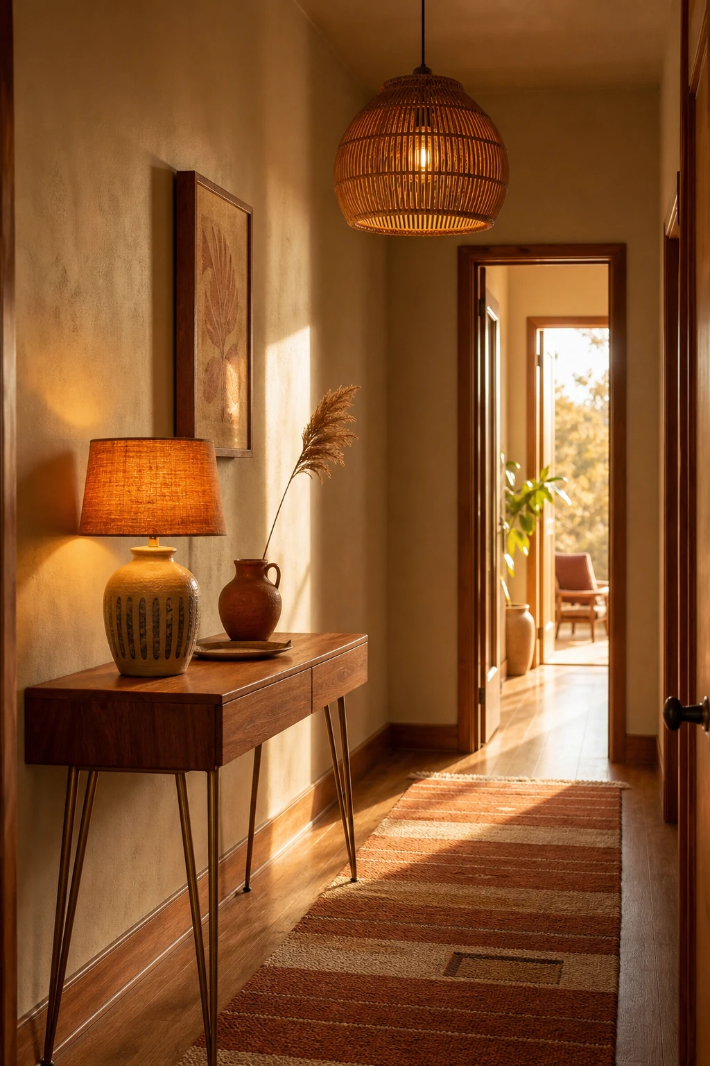 Small mid century hallway with warm amber and ochre tones, teak console, rattan pendant, and Farrow and Ball Oxford Stone walls in soft natural light