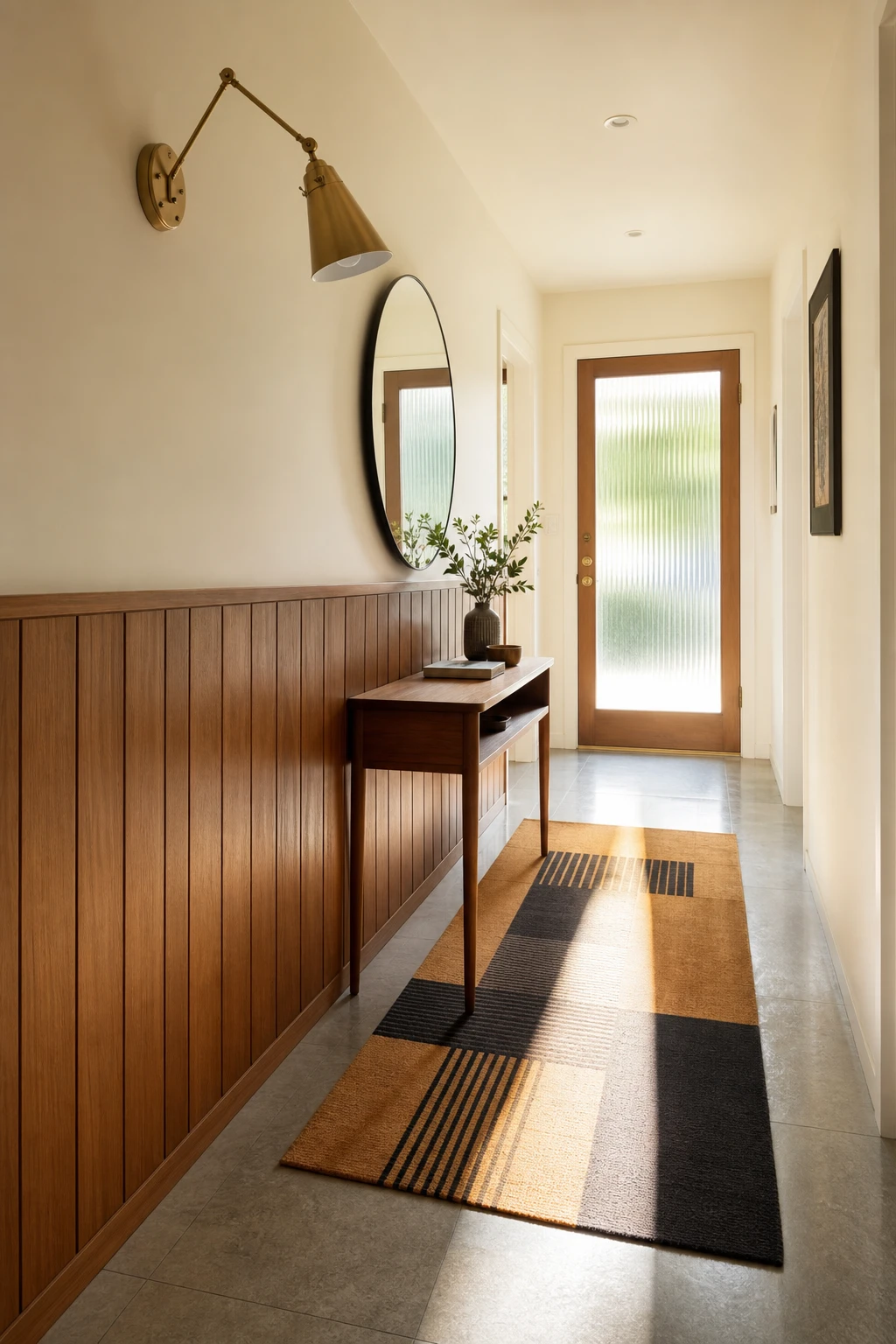 Small mid century hallway with white walls, warm wood accents, teak console, slim mirror and geometric runner under soft natural morning light