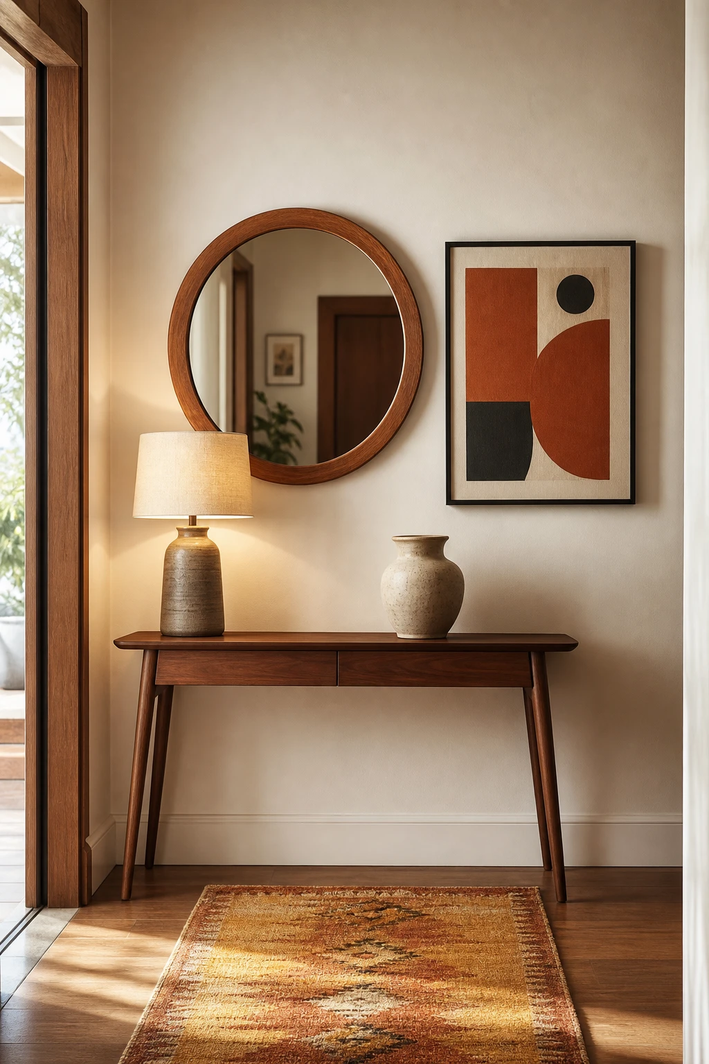 Small midcentury hallway with a round teak framed mirror paired beside a graphic artwork on a Farrow and Ball Bone wall, natural morning light
