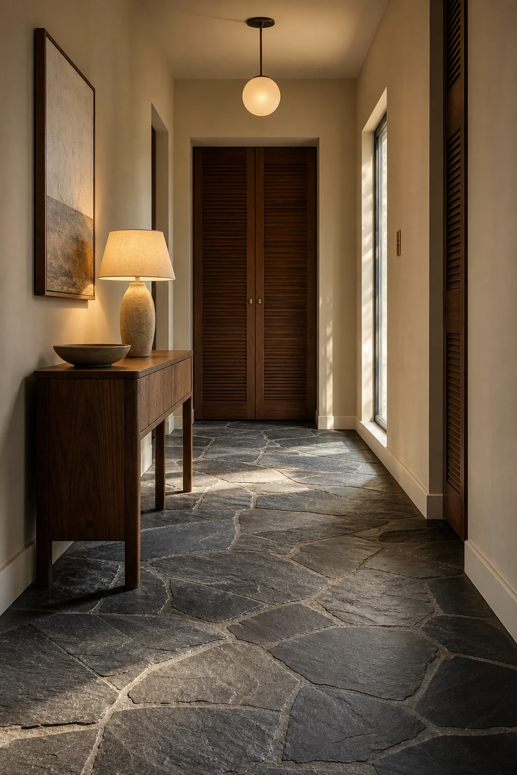 Small midcentury hallway with slate flooring, warm neutral Drop Cloth walls, walnut console, globe pendant light and narrow louvred door panels