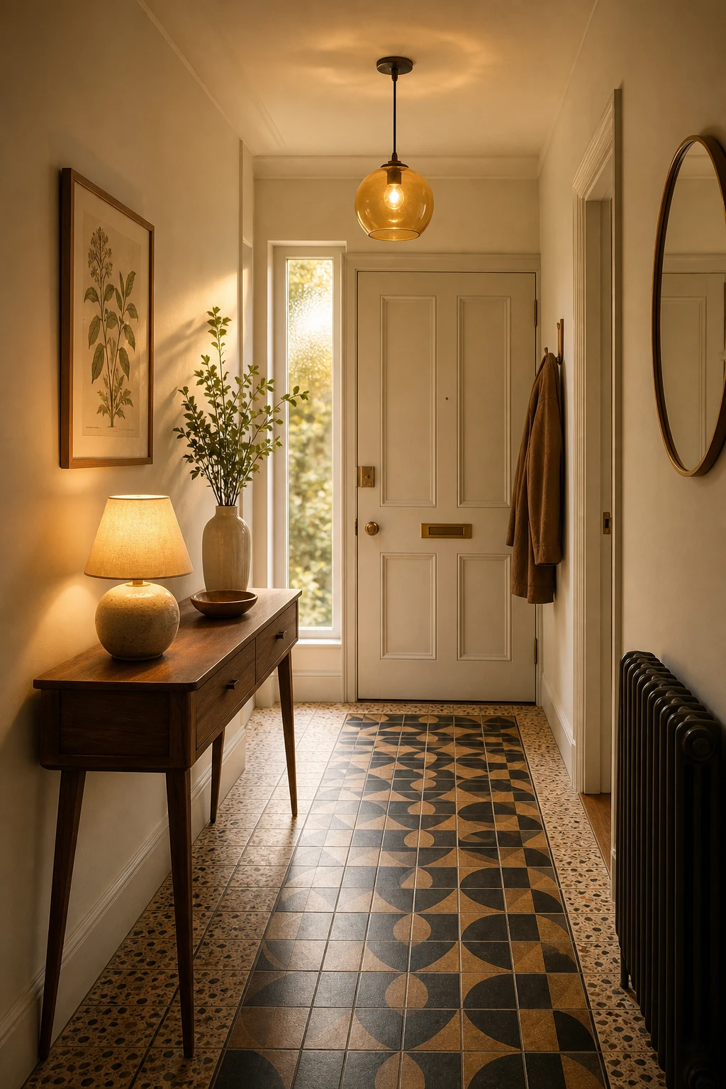 Small midcentury hallway with warm amber pendant lighting, Farrow and Ball Clunch walls, walnut console table, and geometric floor tiles in a cosy narrow passage