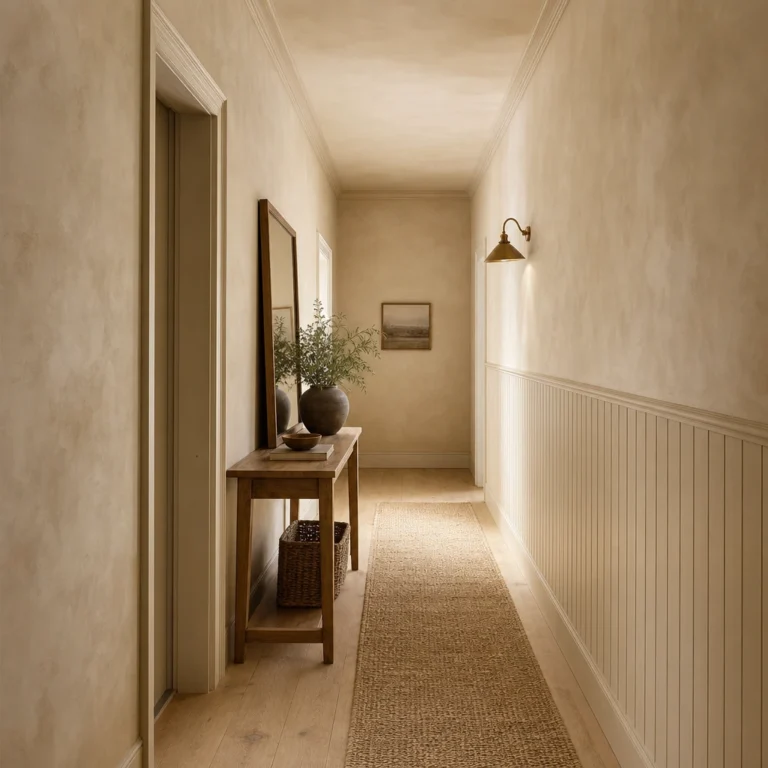Small neutral hallway with chalky beige limewash walls, shiplap panelling, a slim oak console, leaning mirror, jute runner and aged brass wall light in soft morning light.