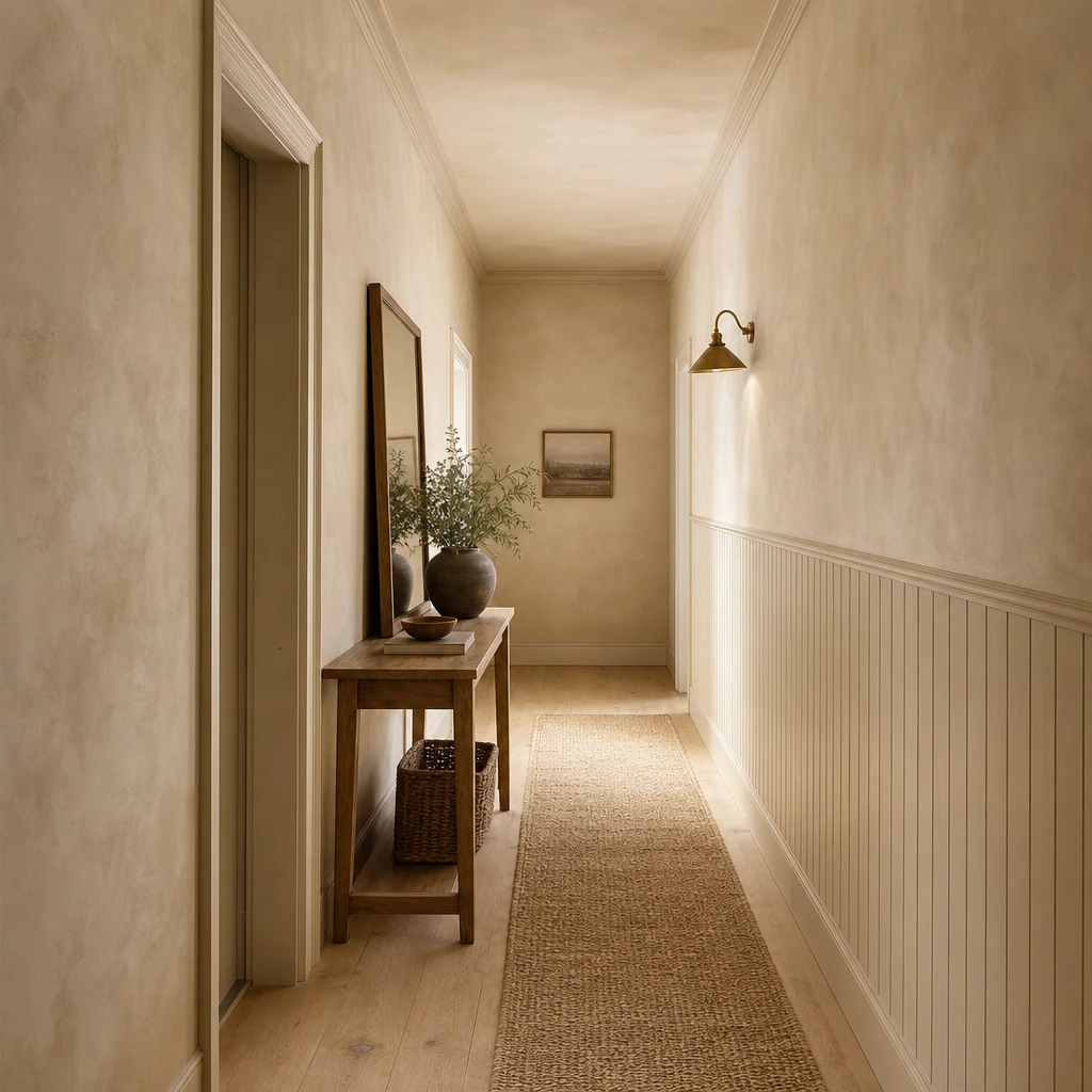 Small neutral hallway with chalky beige limewash walls, shiplap panelling, a slim oak console, leaning mirror, jute runner and aged brass wall light in soft morning light.