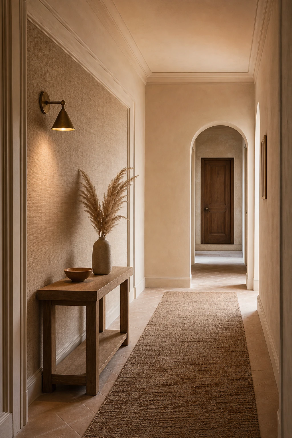 Small neutral hallway painted in warm layered neutrals with linen runner, woven wall texture, aged brass sconce and natural oak console table
