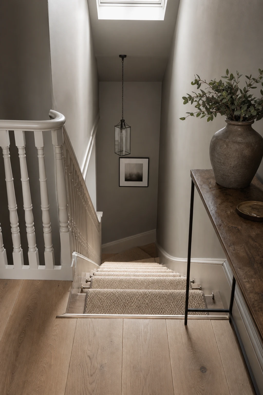 Small neutral hallway staircase with carpet stair runner transitioning to a wood landing, warm natural light, Farrow and Ball Smoked Trout walls