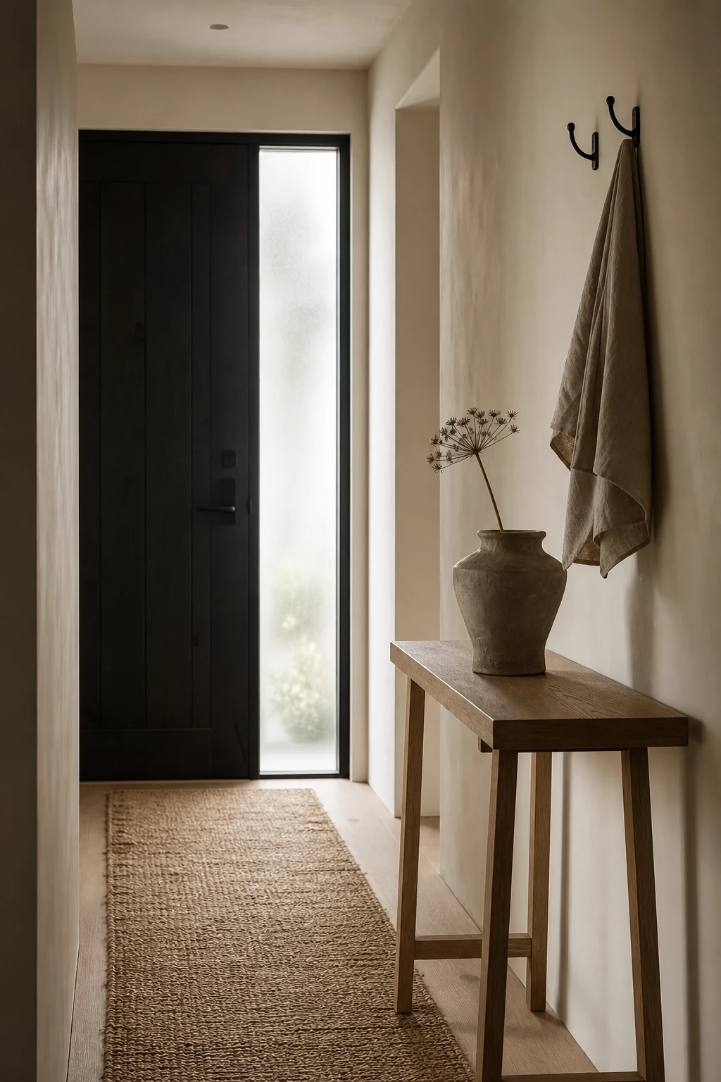 Small neutral hallway styled in Japandi aesthetic with pale warm walls, a slim oak console, woven textile runner, ceramic vessel and black iron hooks