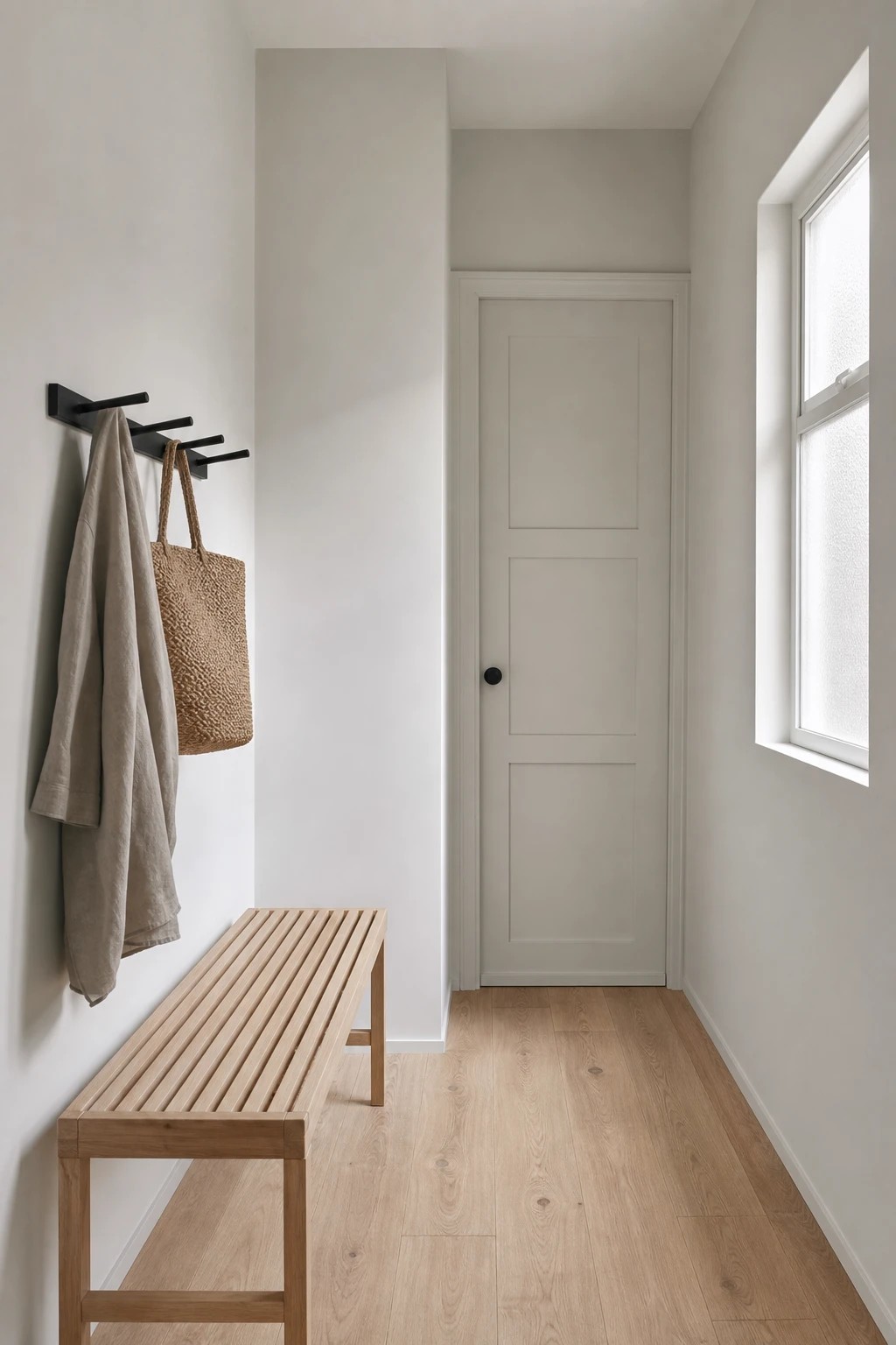 Small neutral hallway styled in Scandinavian manner with Cornforth White walls, pale timber floor, minimal hooks and soft natural light from a frosted side window