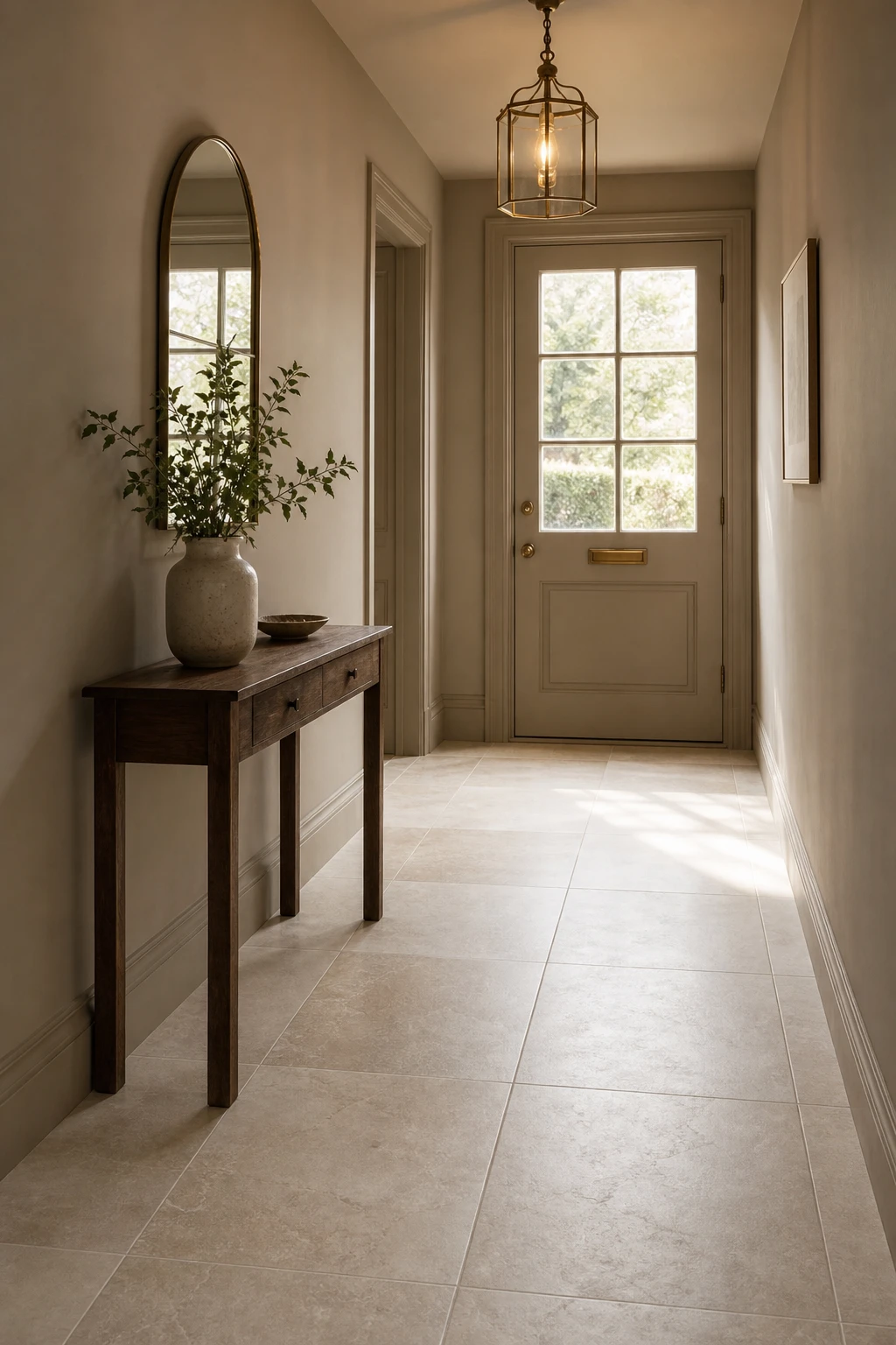 Small neutral hallway with a classic tiled floor as the hero, warm Archive painted walls, slim console table, pendant light, and natural light from a glazed front door