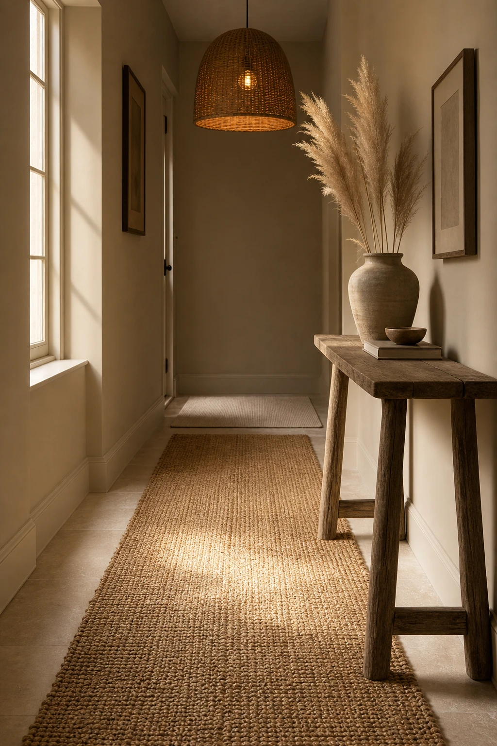 Small neutral hallway with a jute runner on pale stone floor, Farrow and Ball Sand painted walls, wooden console and woven pendant light in warm morning light