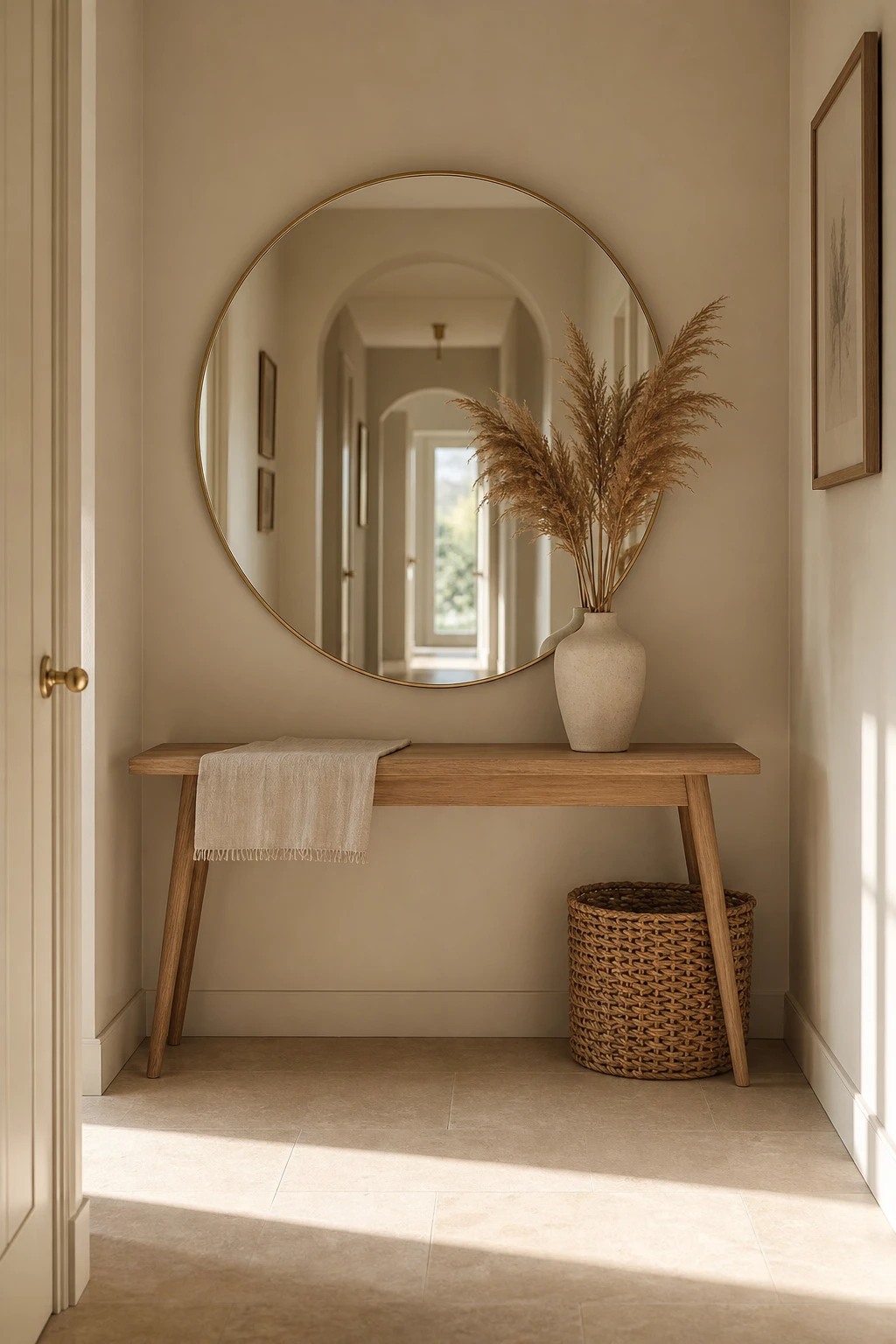 Small neutral hallway with a large leaning mirror above a slim console table, warm natural light, Farrow and Ball Cats Paw walls, rattan basket and ceramic vase