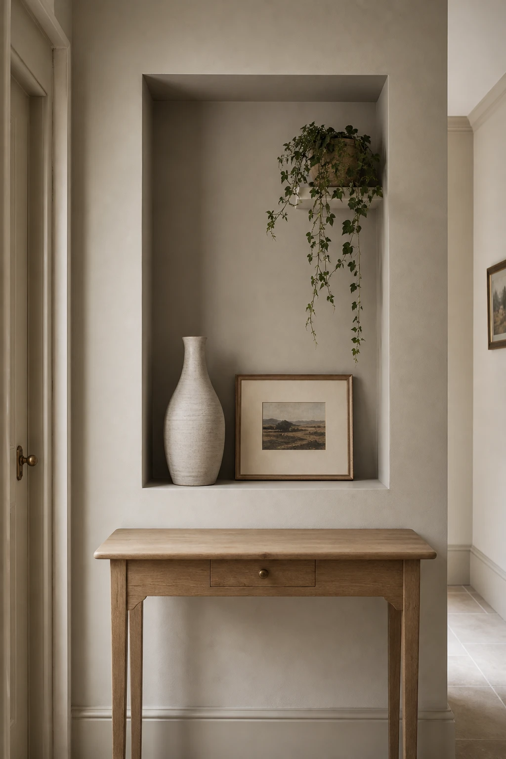 Small neutral hallway with a recessed entryway niche painted Farrow & Ball Chemise holding a ceramic vase, framed art, and a trailing plant