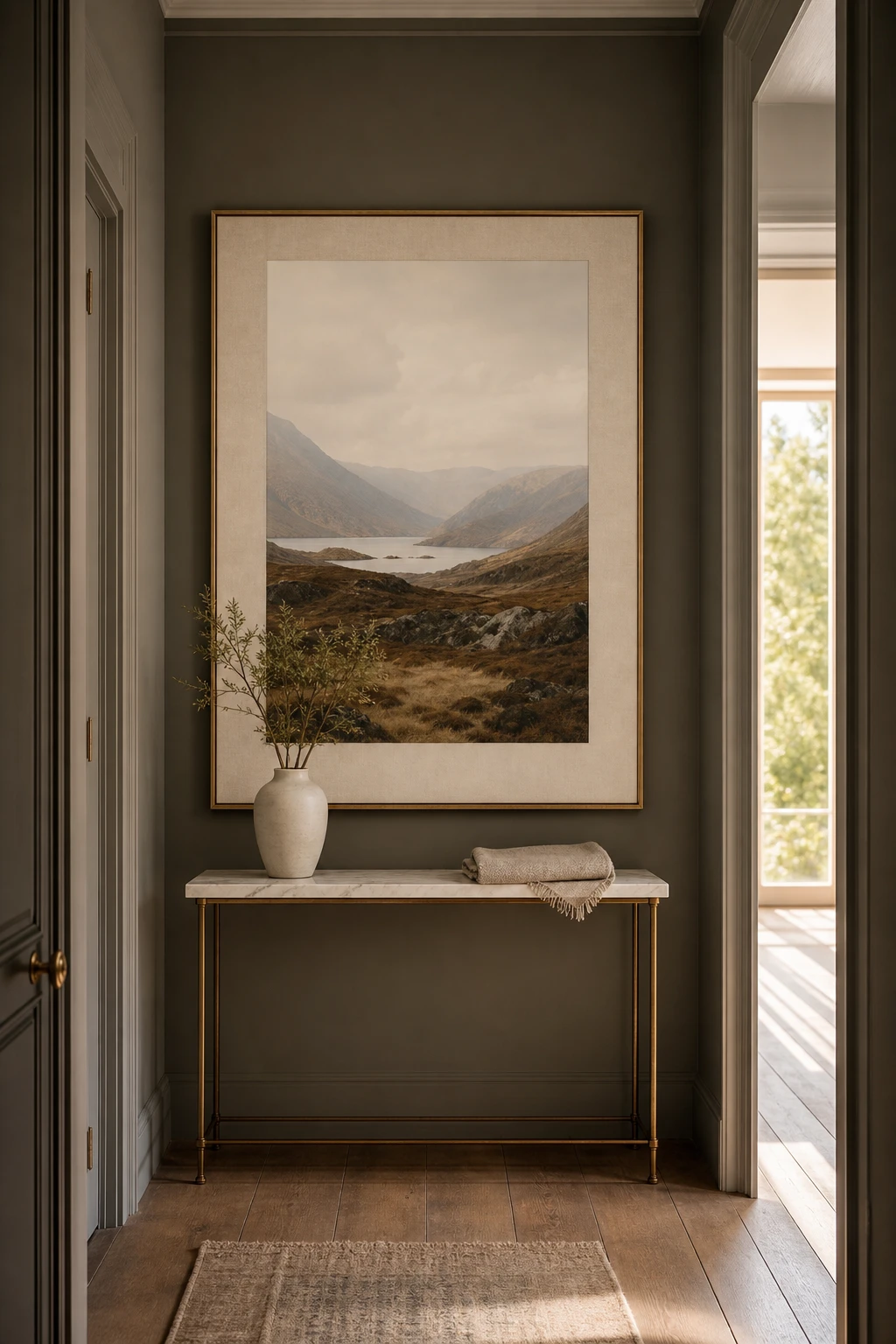 Small neutral hallway with a single large artwork as the focal point, Charleston Gray walls, slim console table, and natural light from an open doorway