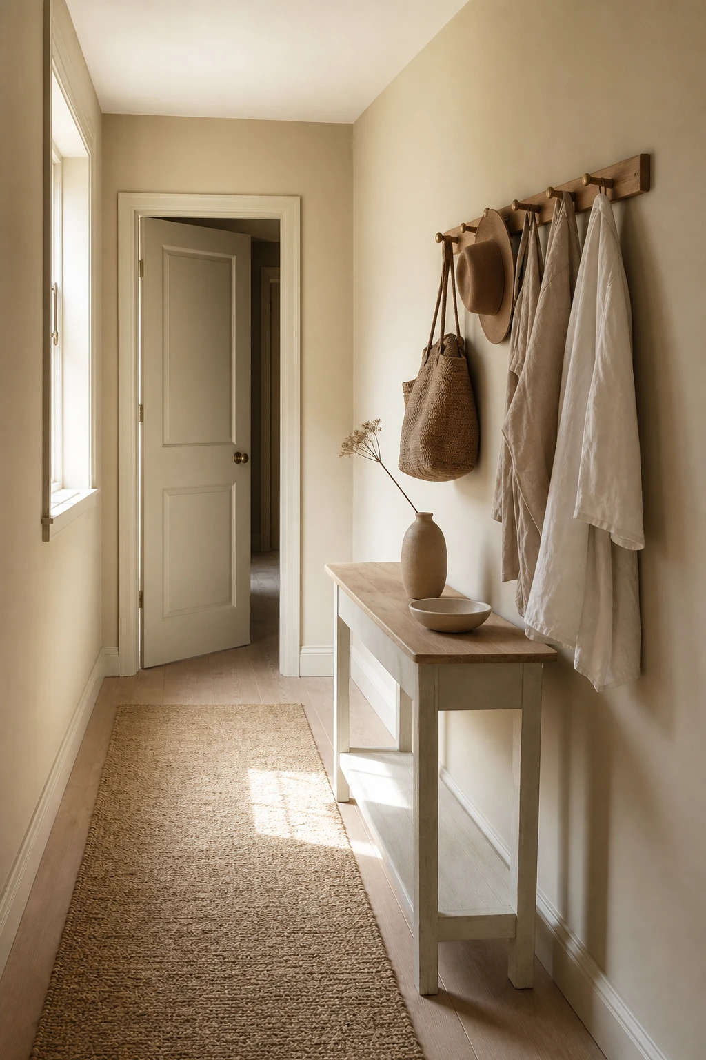 Small neutral hallway with a wall mounted coat rack as the hero, warm Matchstick painted walls, hooks holding coats and bags, slim console below