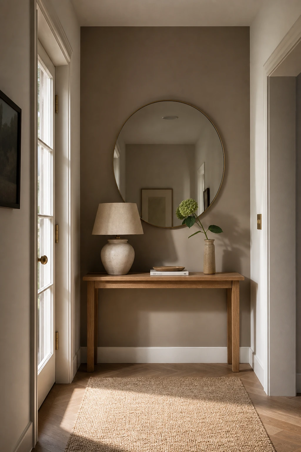 Small neutral hallway with a warm Dove Tale accent feature wall anchoring the entryway, styled with a console table, round mirror, and natural textures