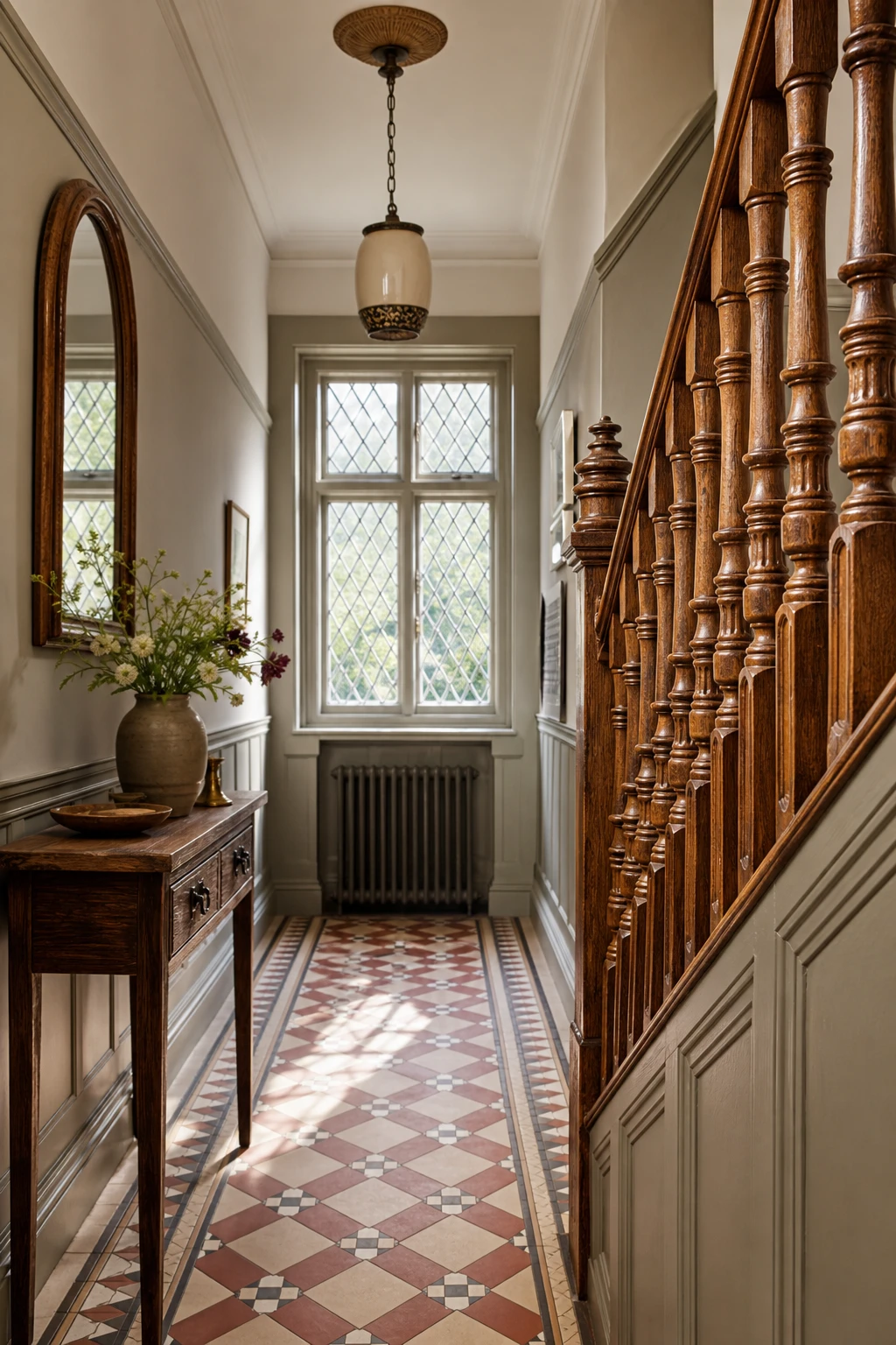 Small neutral hallway with Arts and Crafts detail including turned spindles, encaustic floor tiles, and Farrow and Ball Oxford Stone painted walls