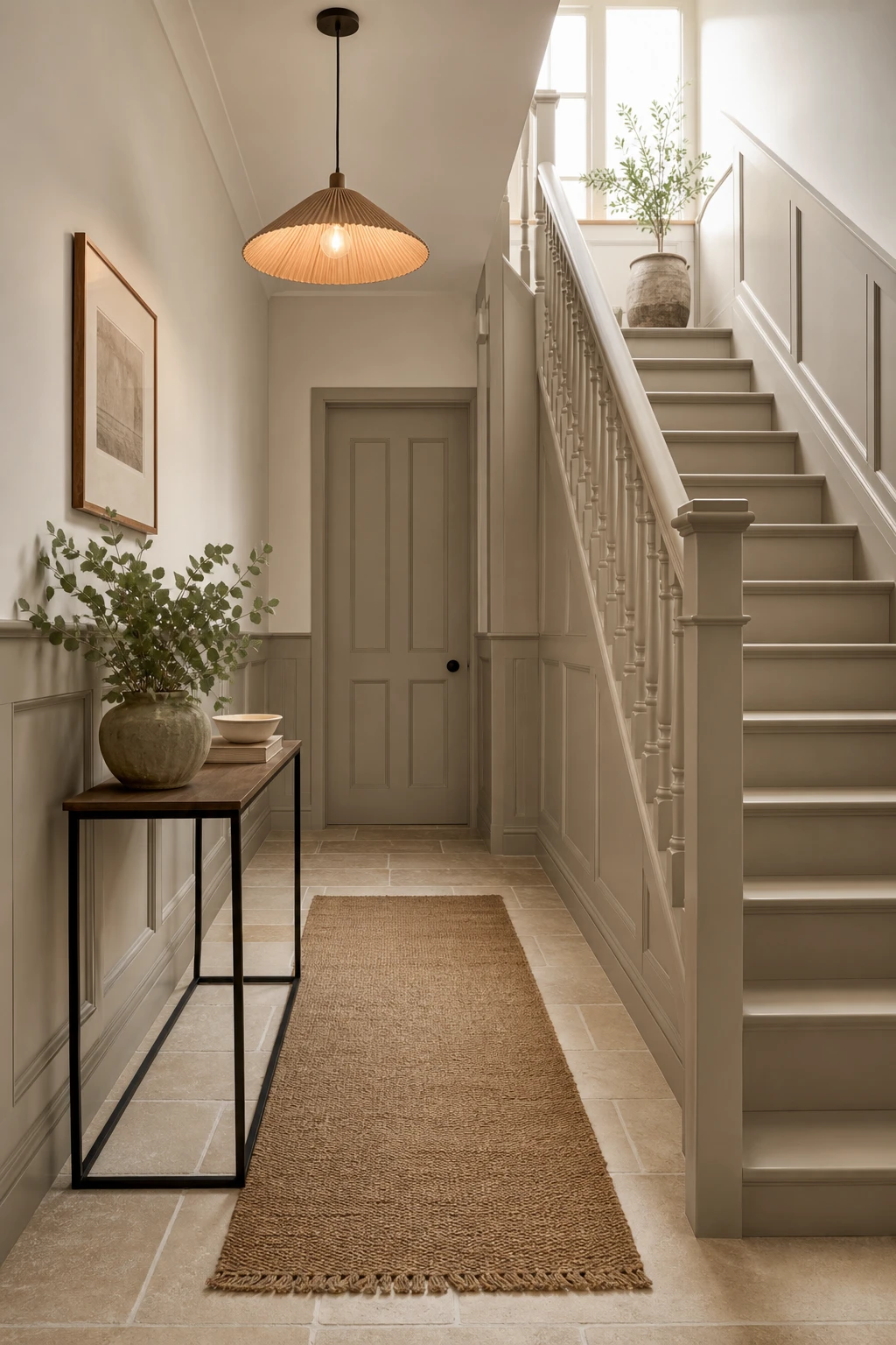 Small neutral hallway with continuous painted stair and hall panelling in warm grey, unified architectural flow, natural light from above