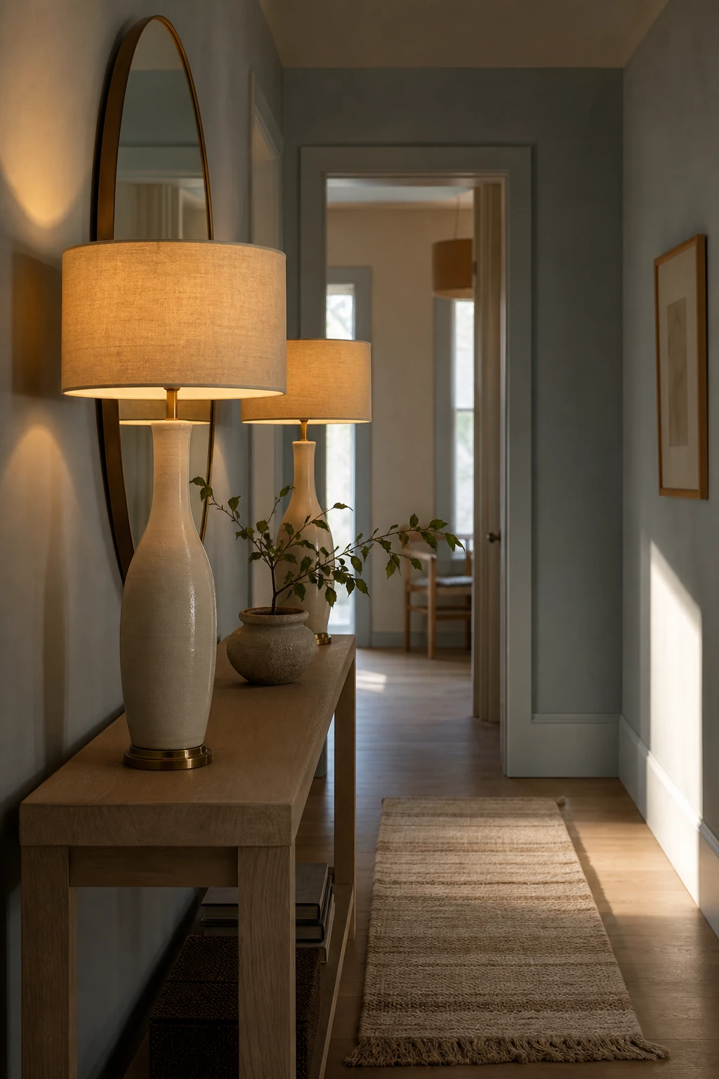 Small neutral hallway with eye level lamps casting warm pools of light on Blue Gray walls beside a slim console table and mirror
