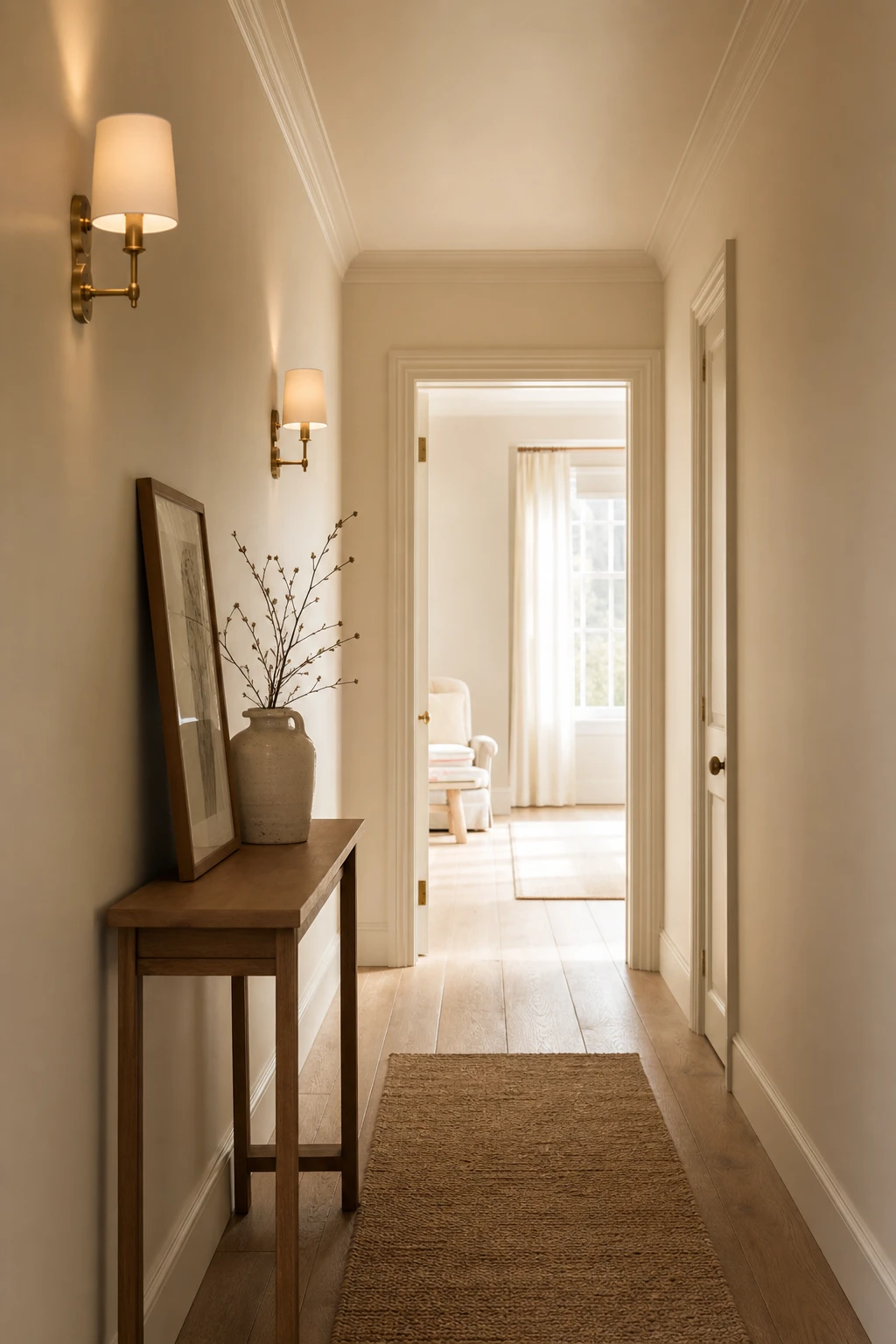 Small neutral hallway with monochromatic warm scheme, Dimity painted walls trim and ceiling, runner rug, wall sconces, and console table